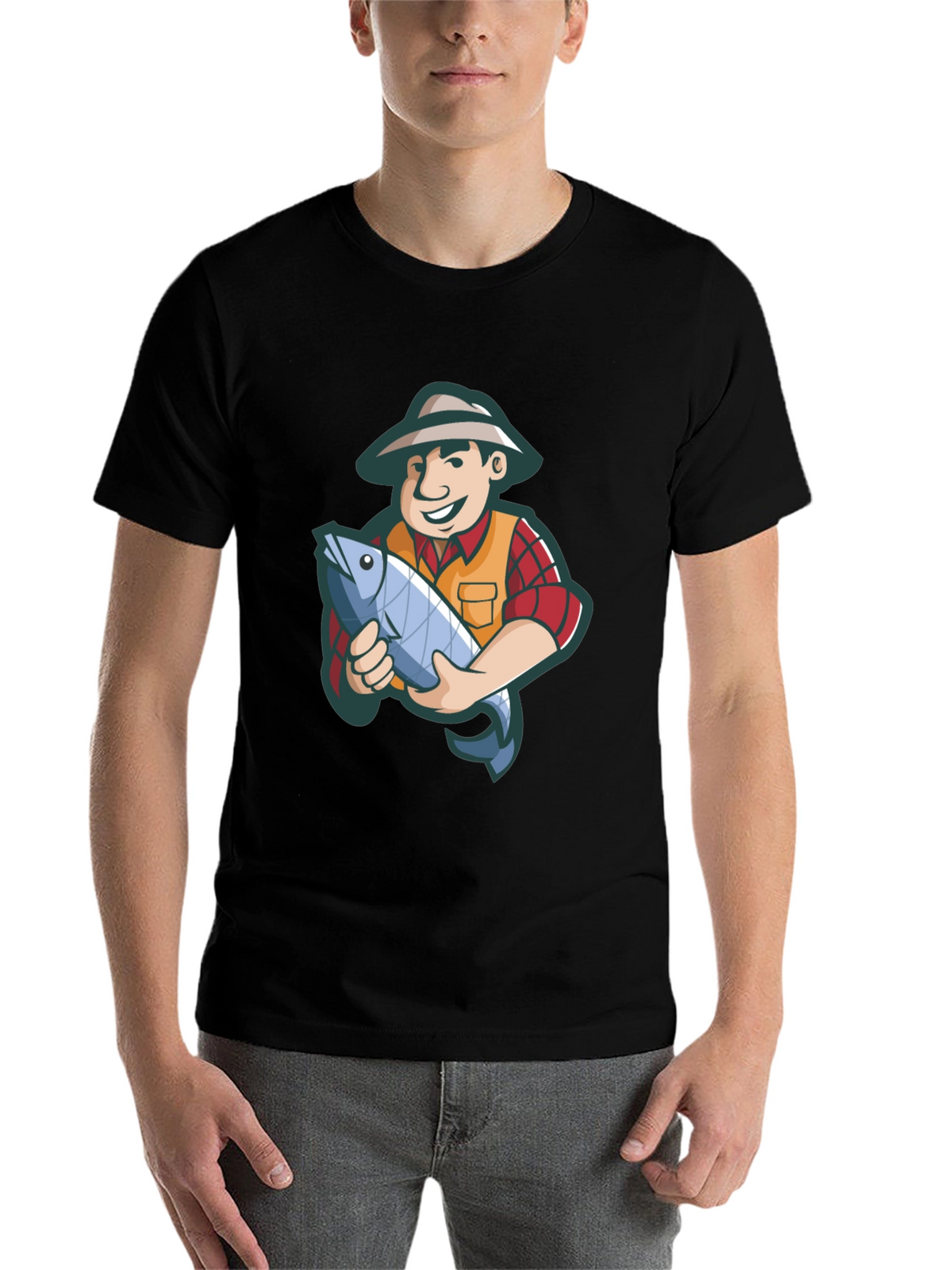 Fisherman Cartoon Graphic Tee - Black
