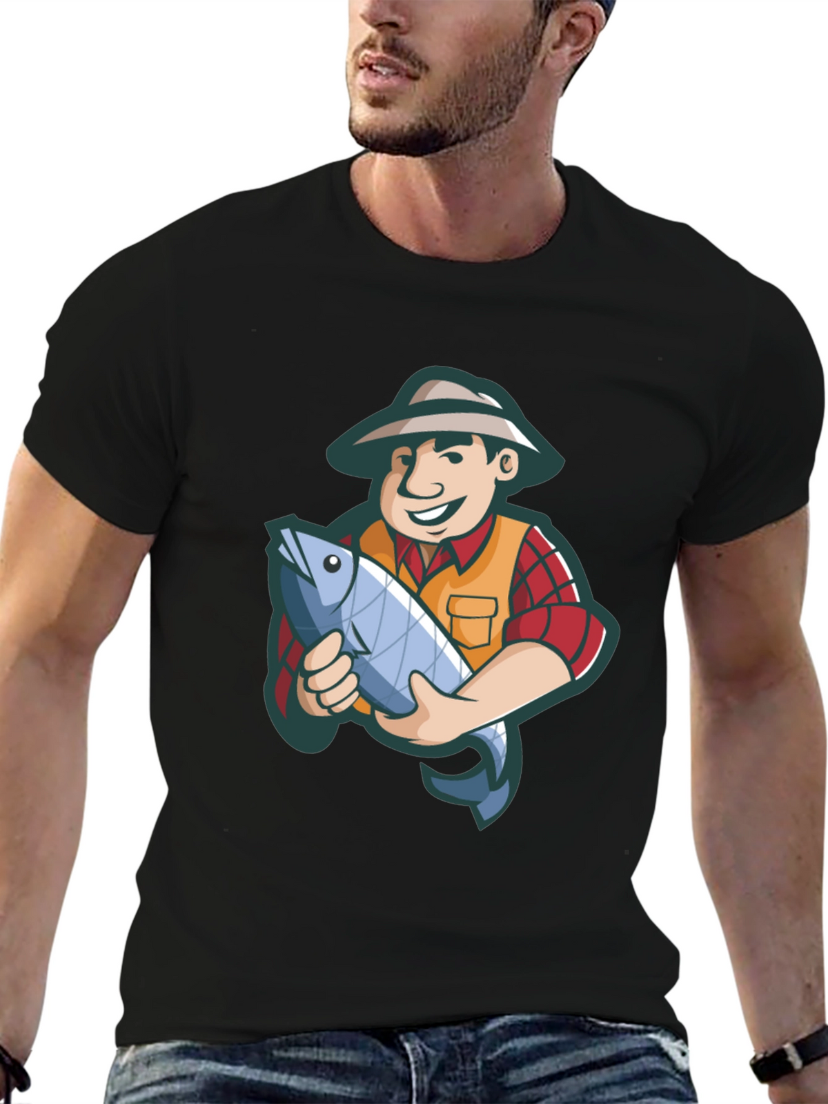 Fisherman Cartoon Graphic Tee - Black