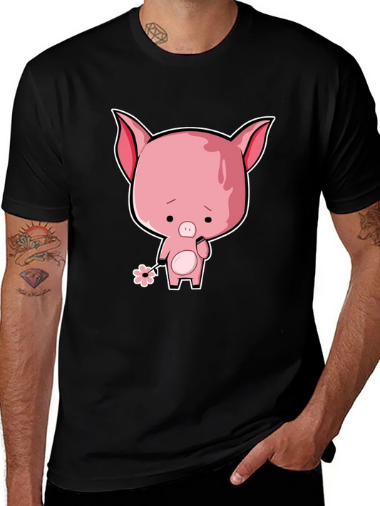 Sad Pig Cartoon T-Shirt - Black