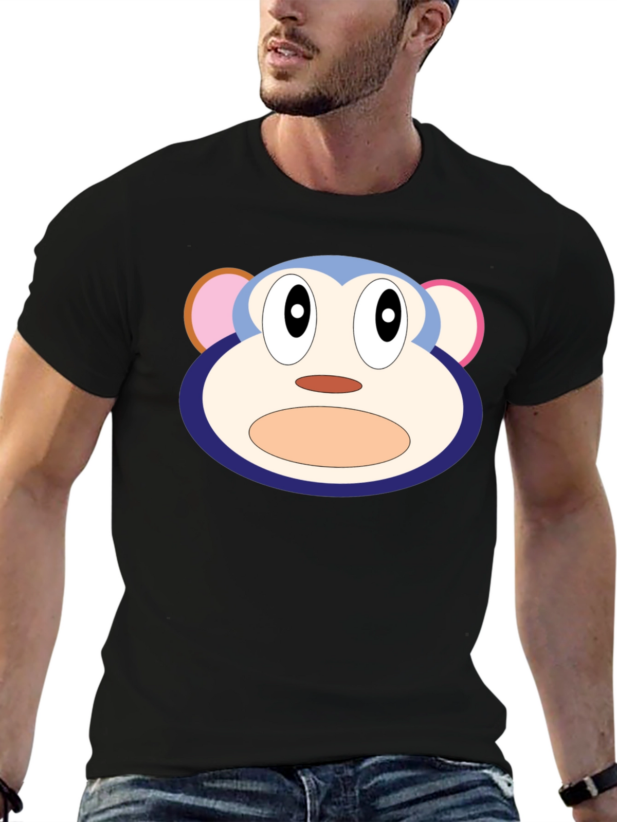 Cartoon Monkey Face Black T-Shirt