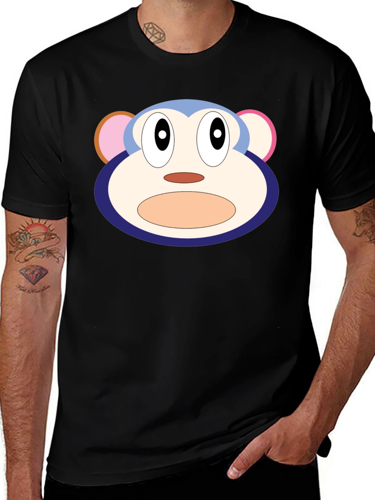 Cartoon Monkey Face Black T-Shirt