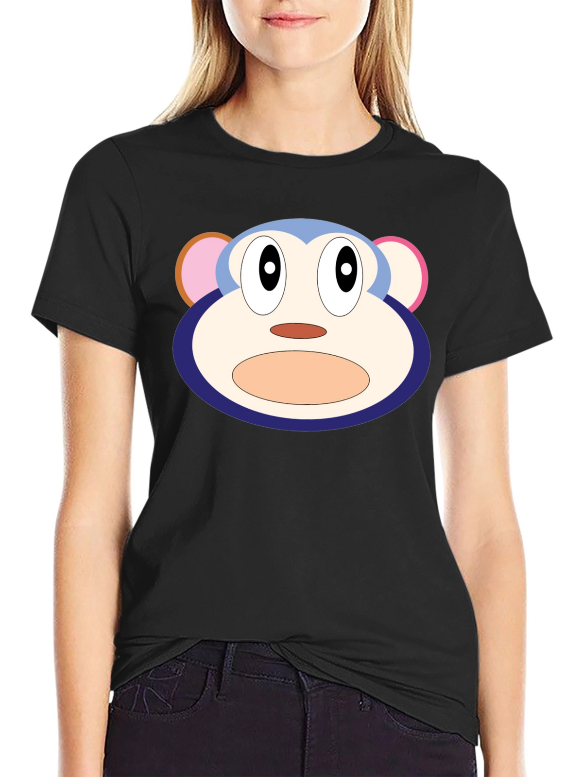 Cartoon Monkey Face Black T-Shirt