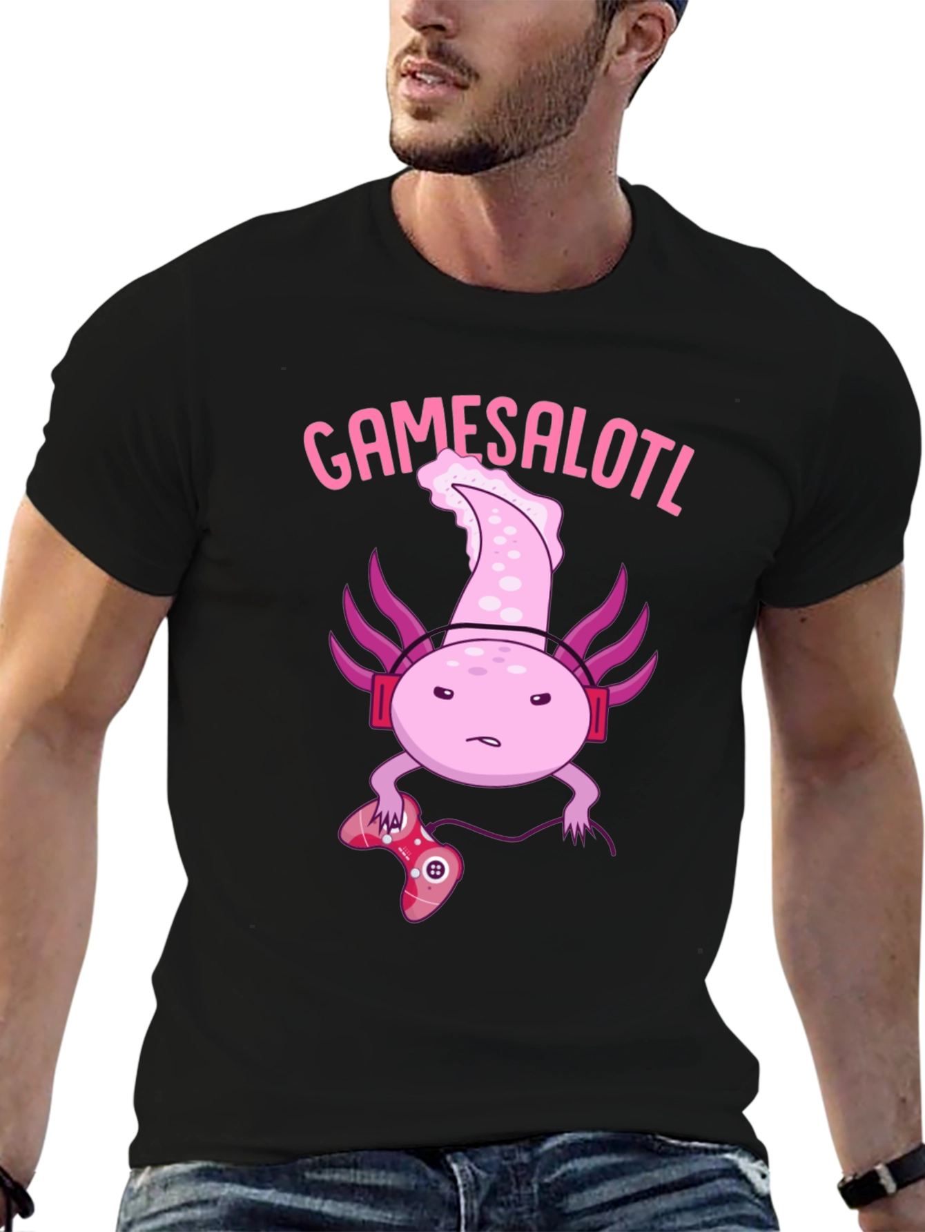 Gamesalotl Gamer Axolotl Black Graphic T-Shirt