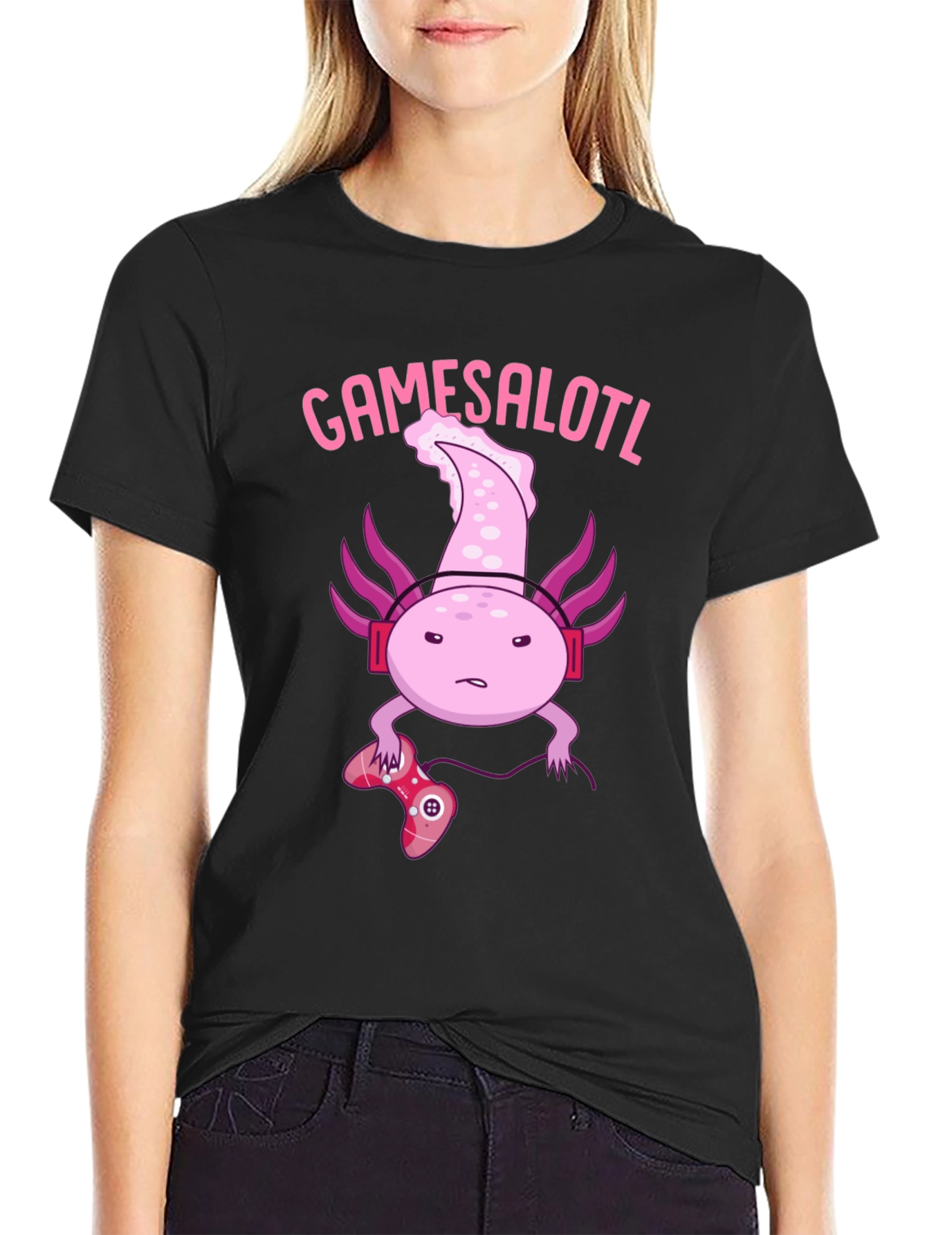 Gamesalotl Gamer Axolotl Black Graphic T-Shirt