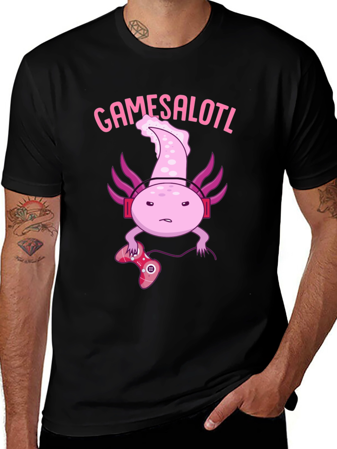 Gamesalotl Gamer Axolotl Black Graphic T-Shirt