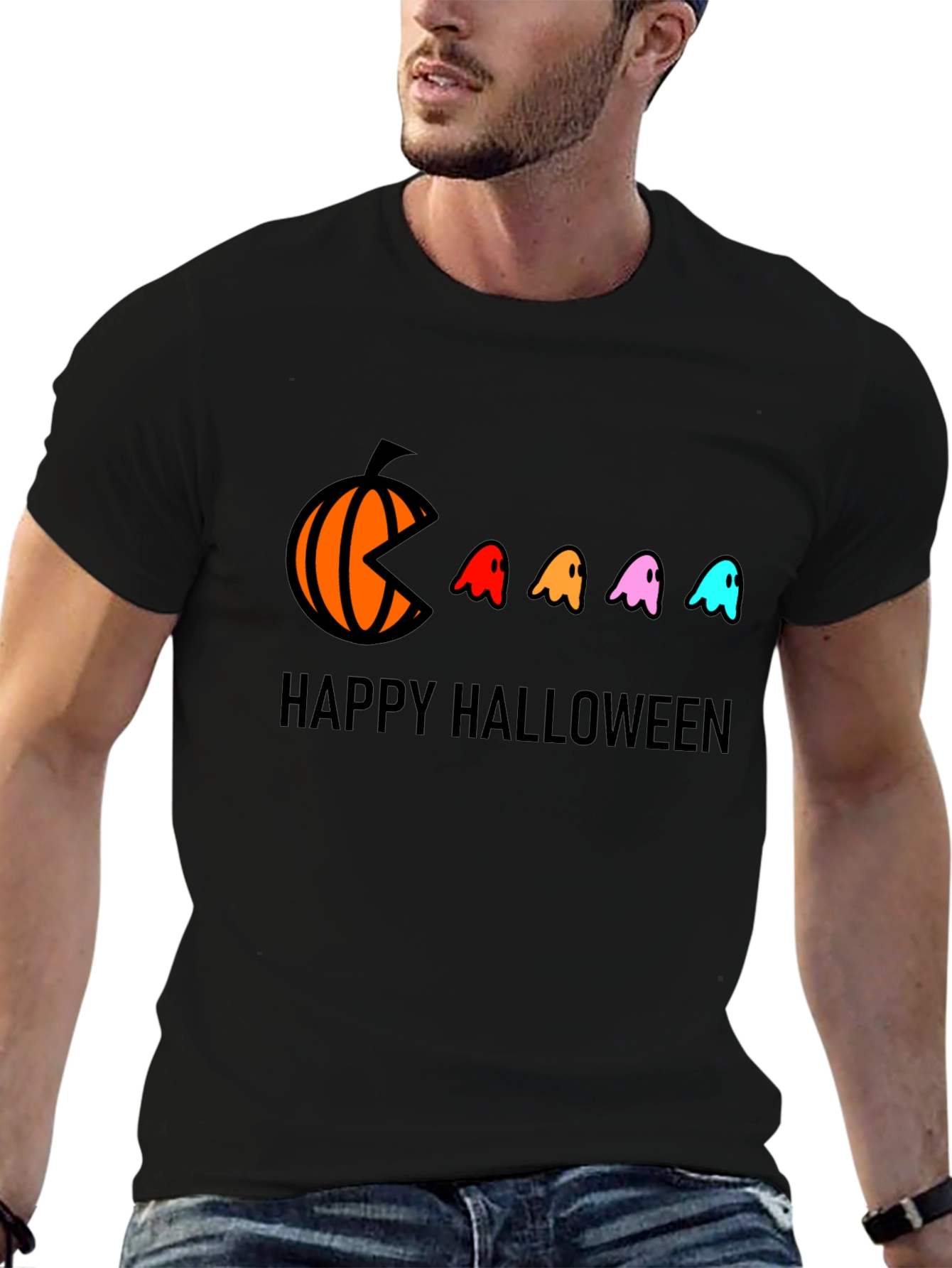 Happy Halloween T-Shirt - Pumpkin Pacman Ghost Design