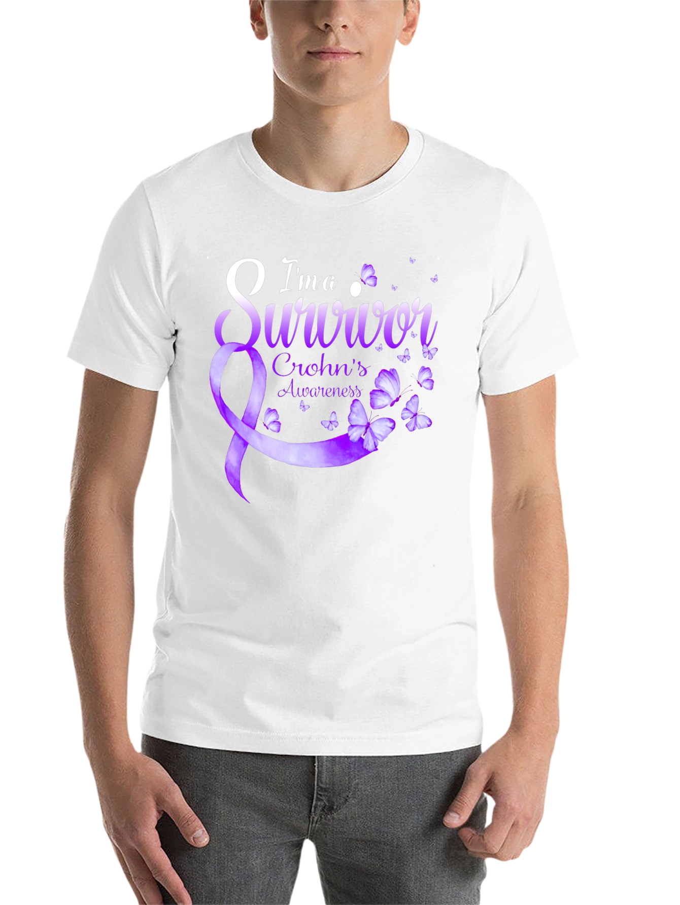 Crohns Awareness Survivor T-Shirt - Purple Ribbon Butterfly