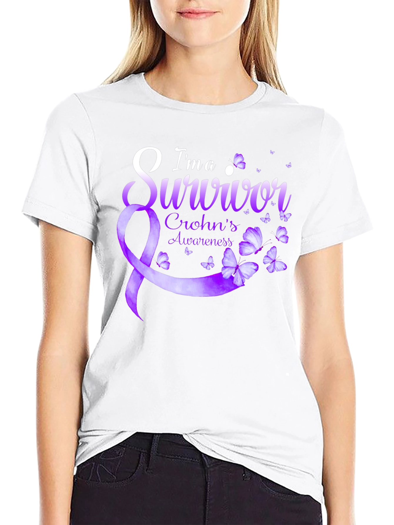 Crohns Awareness Survivor T-Shirt - Purple Ribbon Butterfly