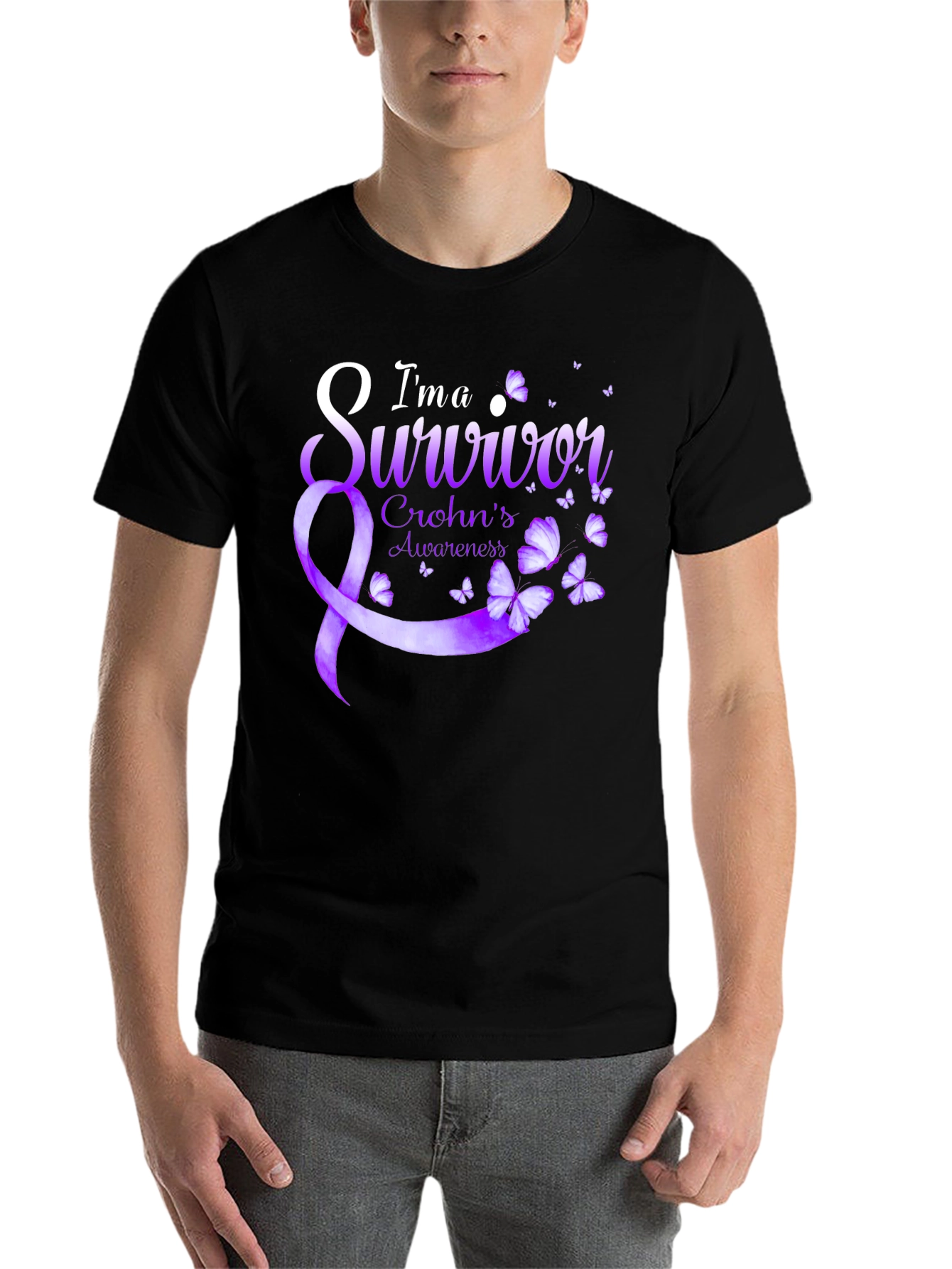 Crohns Awareness Survivor T-Shirt - Purple Ribbon Butterfly