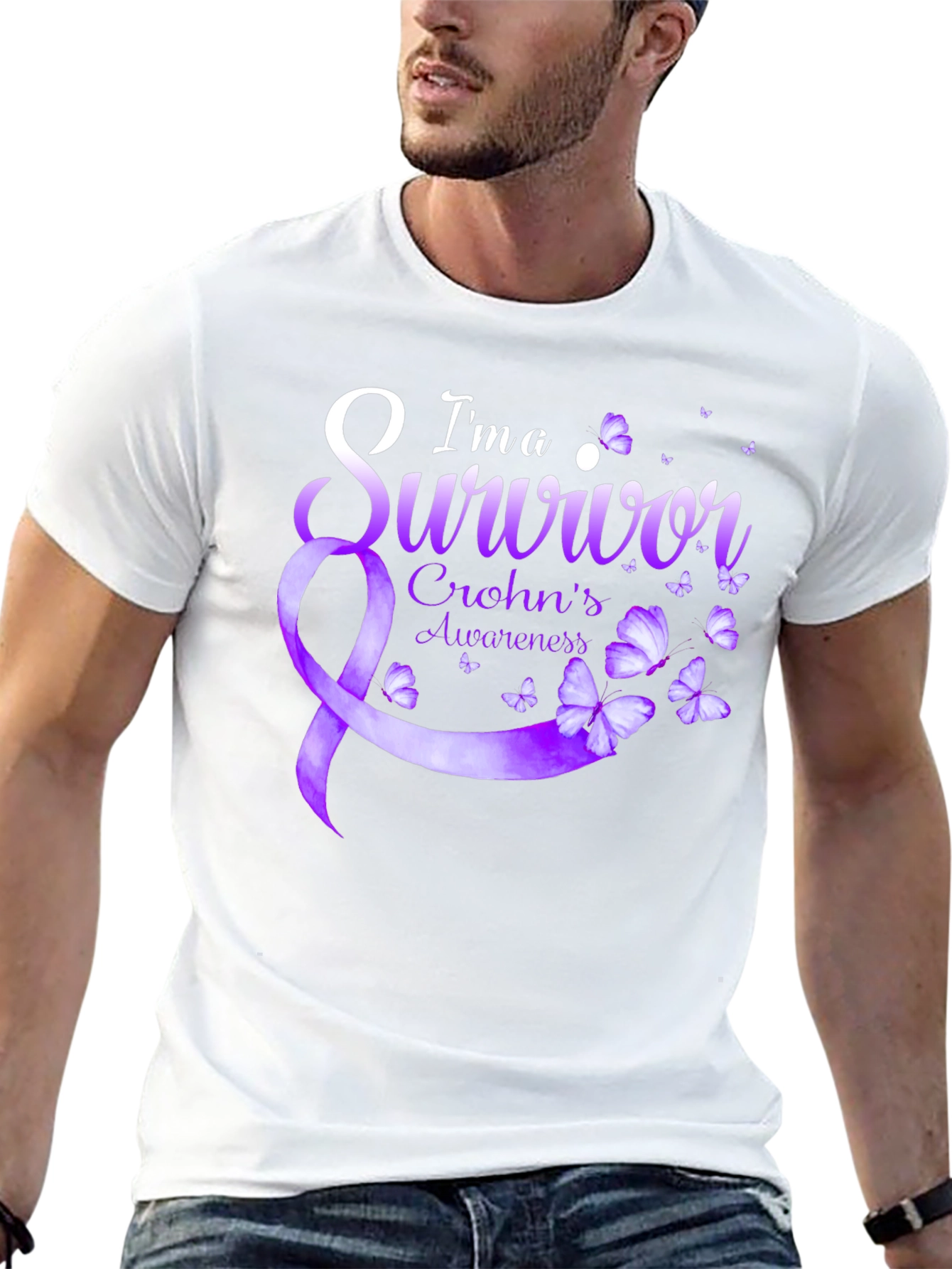 Crohns Awareness Survivor T-Shirt - Purple Ribbon Butterfly