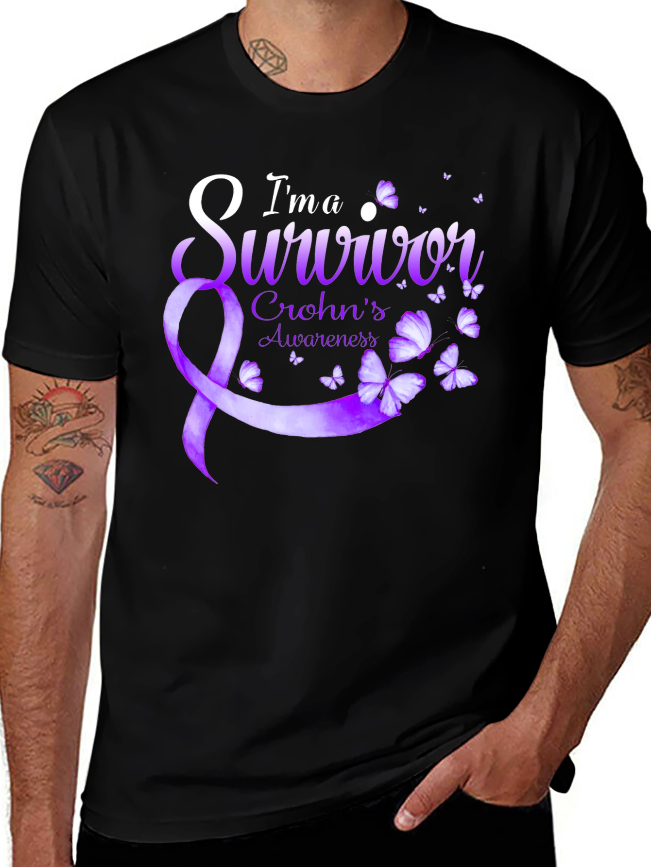 Crohns Awareness Survivor T-Shirt - Purple Ribbon Butterfly