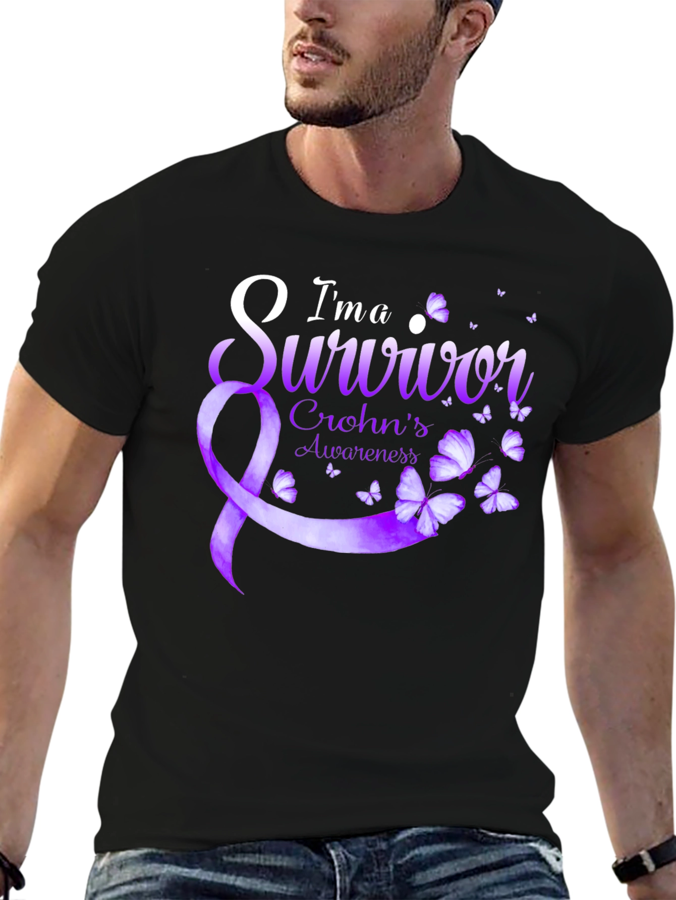 Crohns Awareness Survivor T-Shirt - Purple Ribbon Butterfly