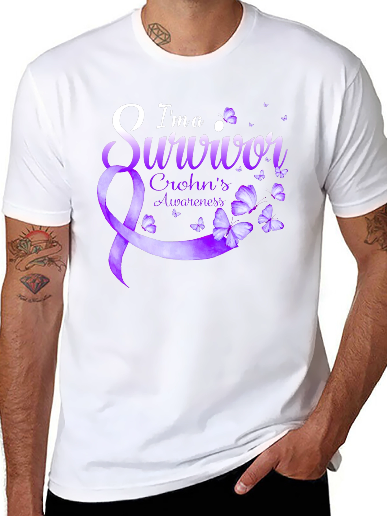Crohns Awareness Survivor T-Shirt - Purple Ribbon Butterfly
