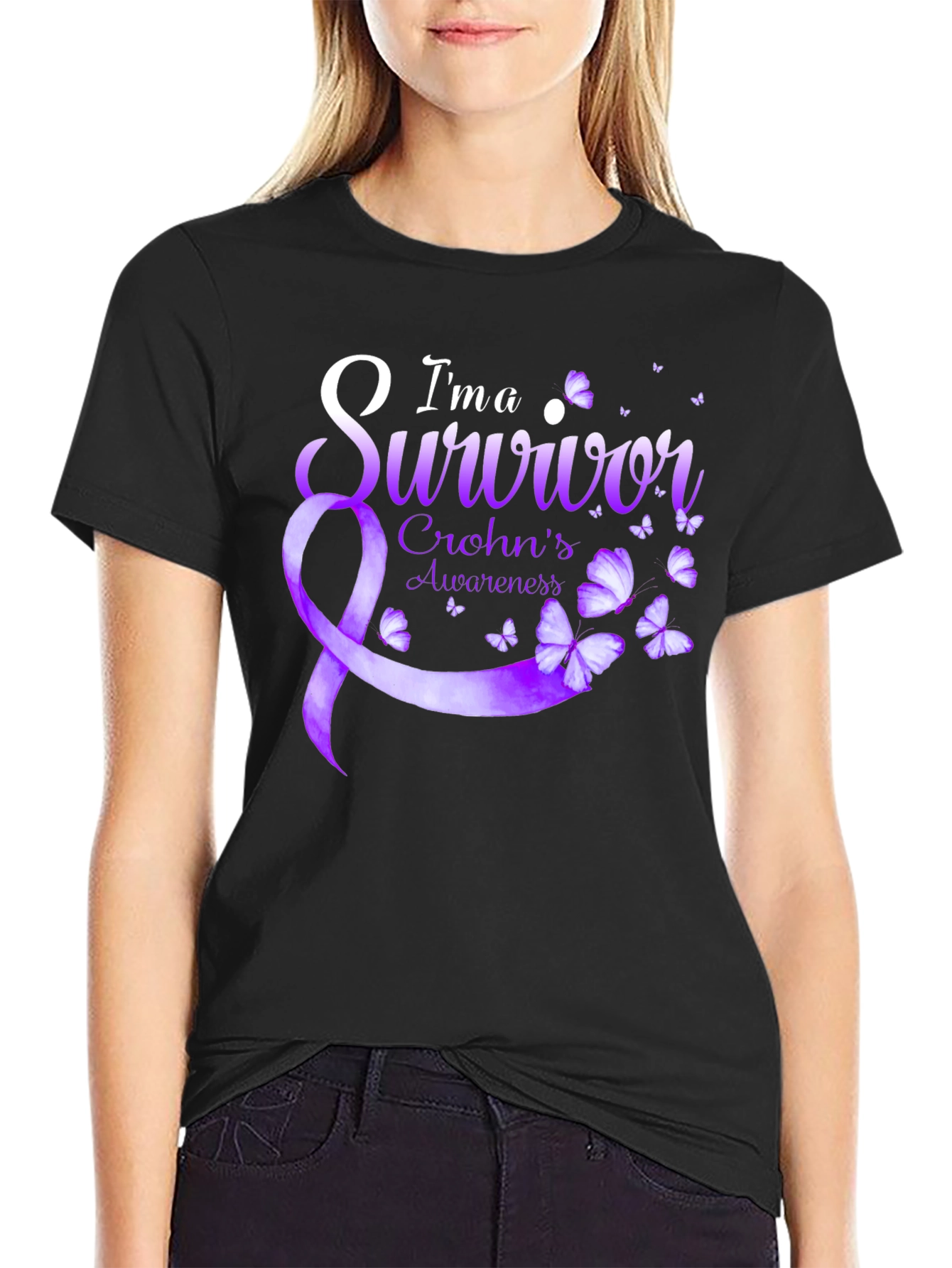 Crohns Awareness Survivor T-Shirt - Purple Ribbon Butterfly