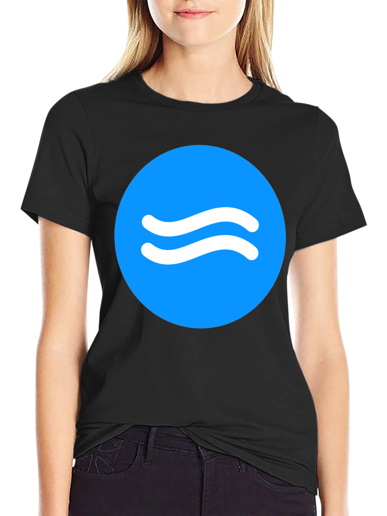 Trendy Black Tee with Blue Wave Circle Design
