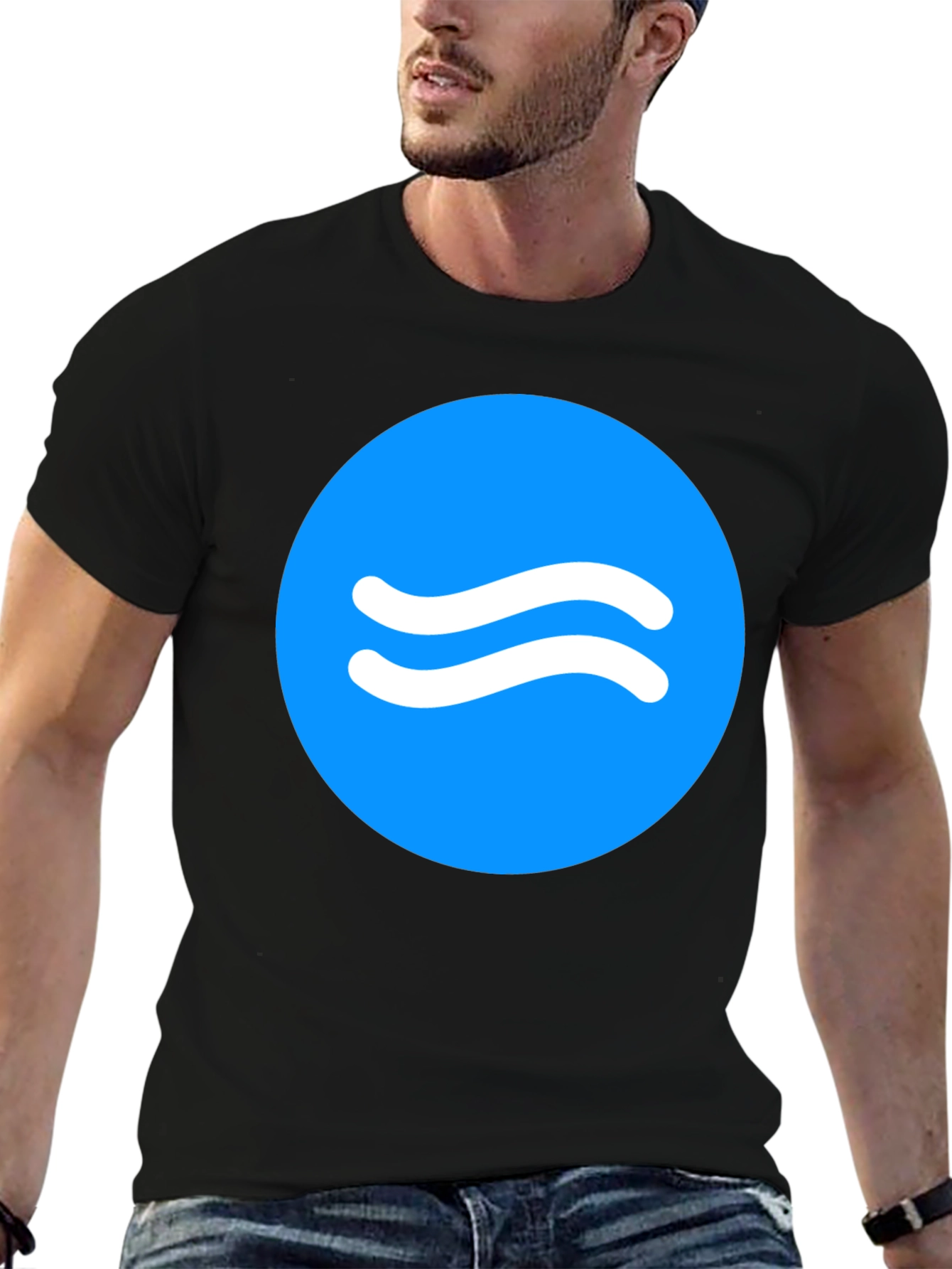 Trendy Black Tee with Blue Wave Circle Design