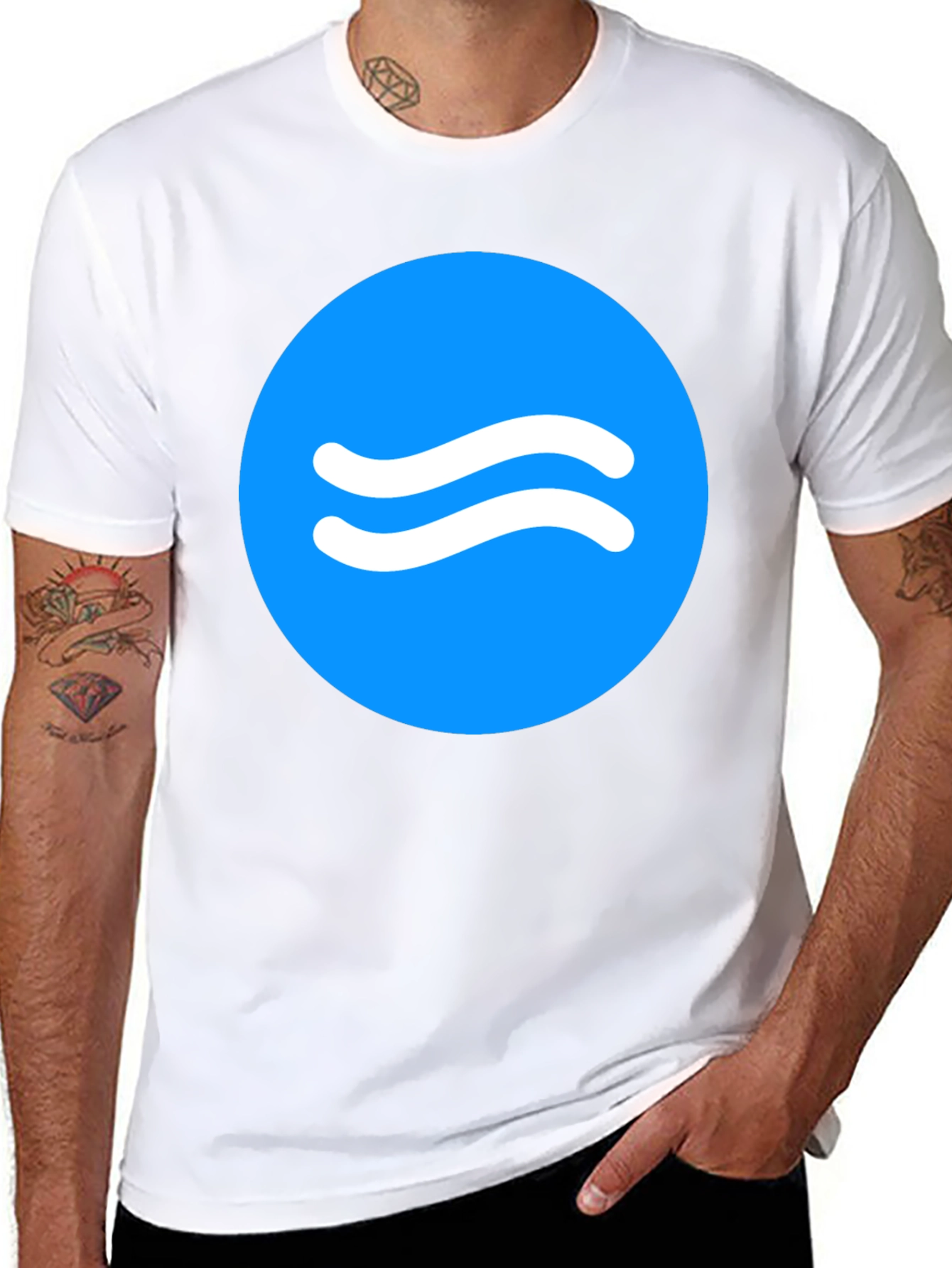Trendy Black Tee with Blue Wave Circle Design