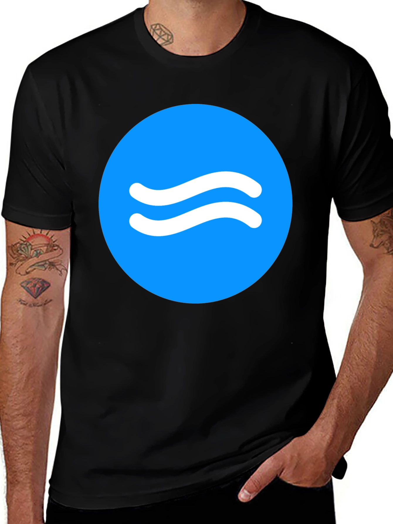 Trendy Black Tee with Blue Wave Circle Design
