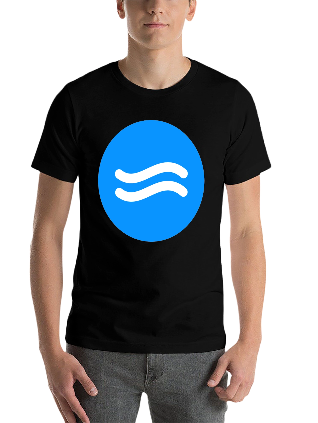 Trendy Black Tee with Blue Wave Circle Design