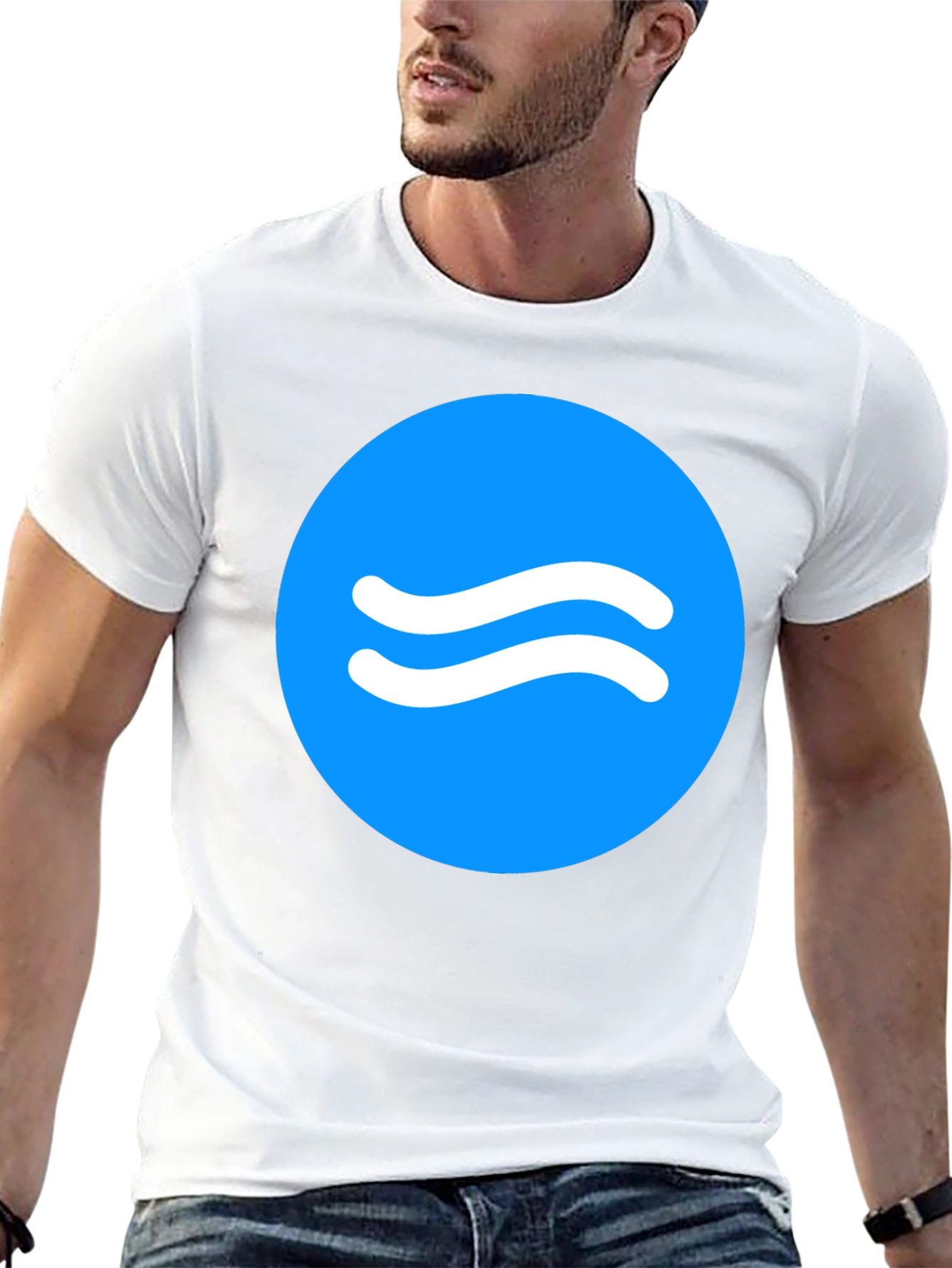 Trendy Black Tee with Blue Wave Circle Design