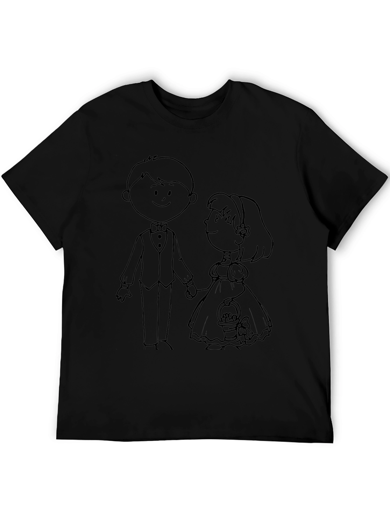 Cartoon Bride & Groom Black Graphic T-Shirt