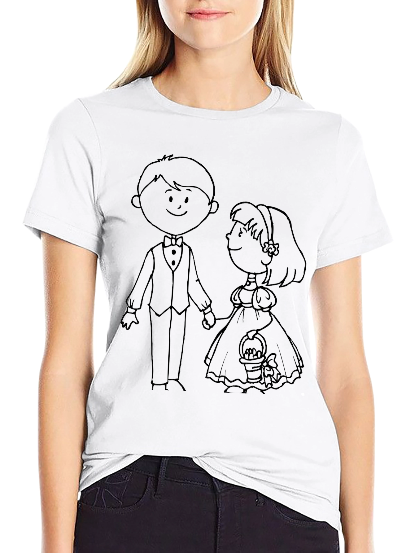 Cartoon Bride & Groom Black Graphic T-Shirt