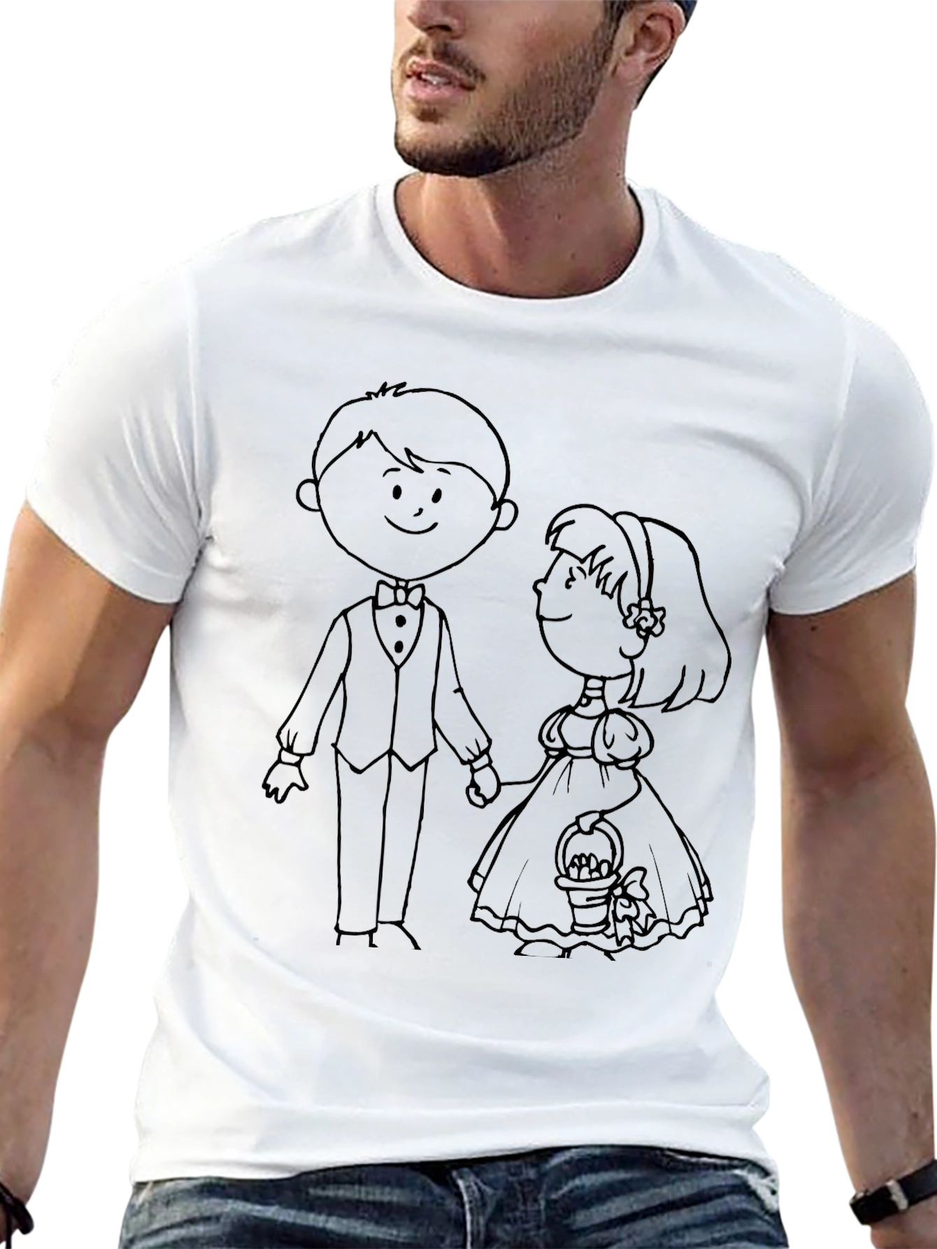 Cartoon Bride & Groom Black Graphic T-Shirt