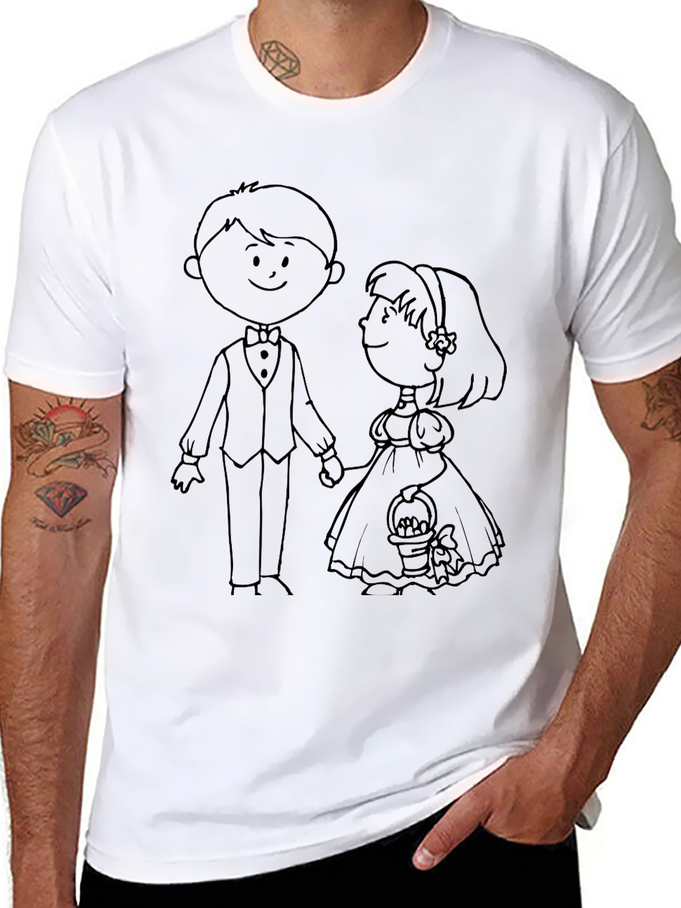 Cartoon Bride & Groom Black Graphic T-Shirt