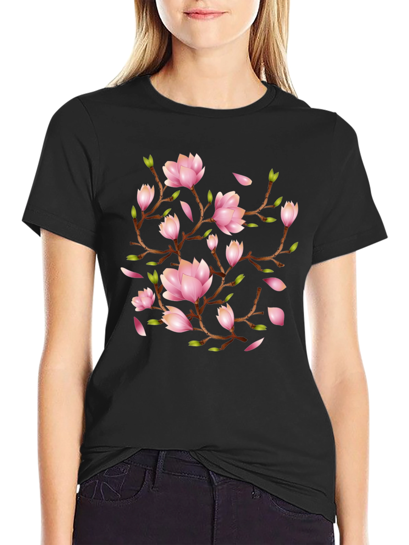 Floral Magnolia Branch Black T-Shirt