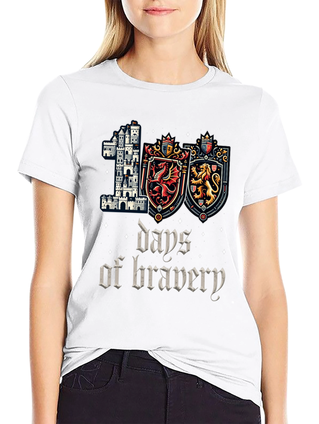 100 Days of Bravery T-Shirt Medieval Castle Shield Dragon Lion