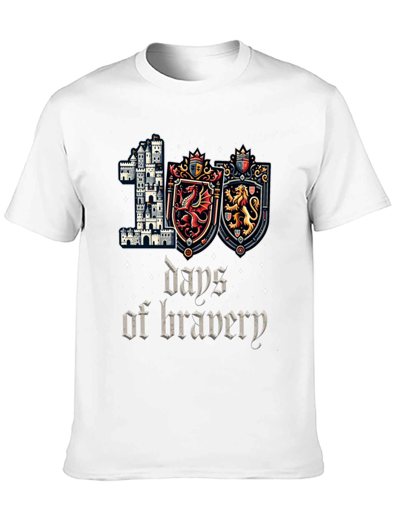 100 Days of Bravery T-Shirt Medieval Castle Shield Dragon Lion