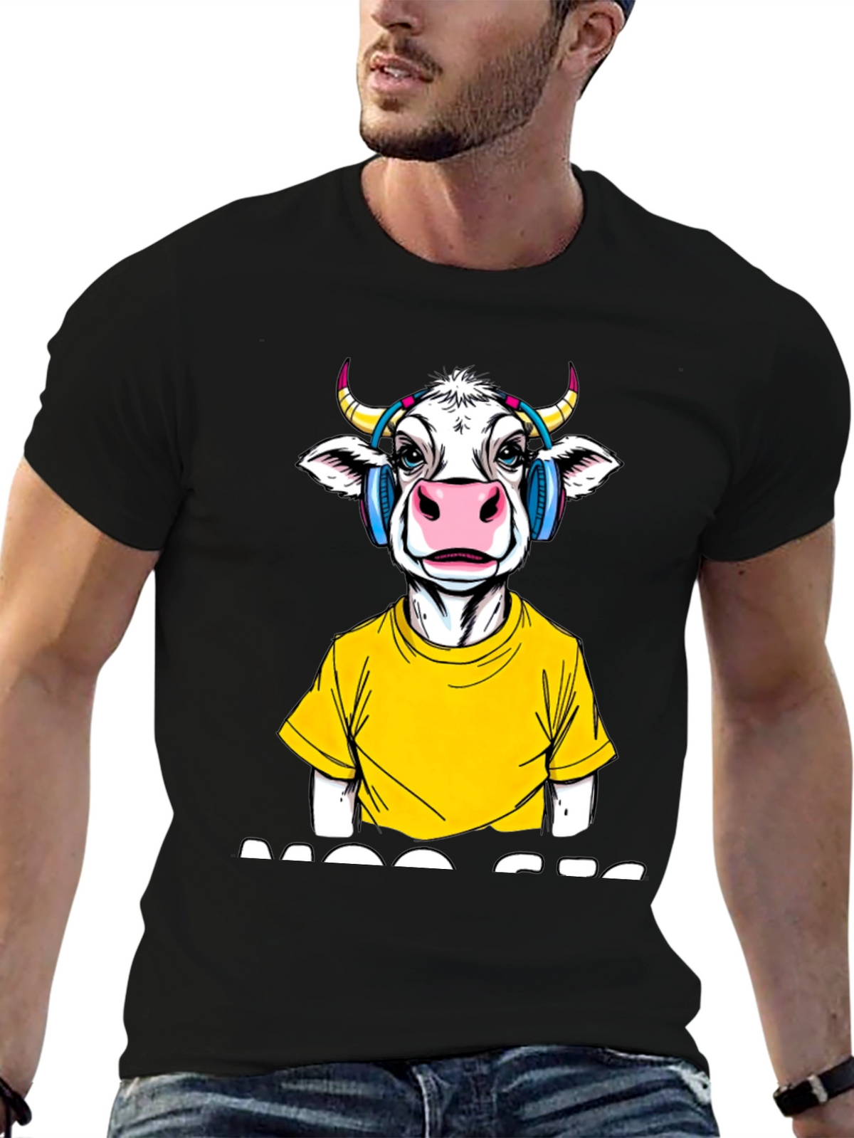 Cow with Headphones Graphic T-Shirt - Quirky Fashion