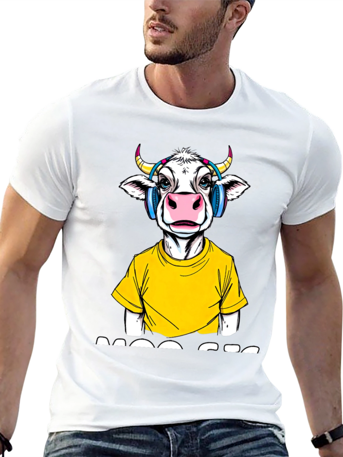Cow with Headphones Graphic T-Shirt - Quirky Fashion