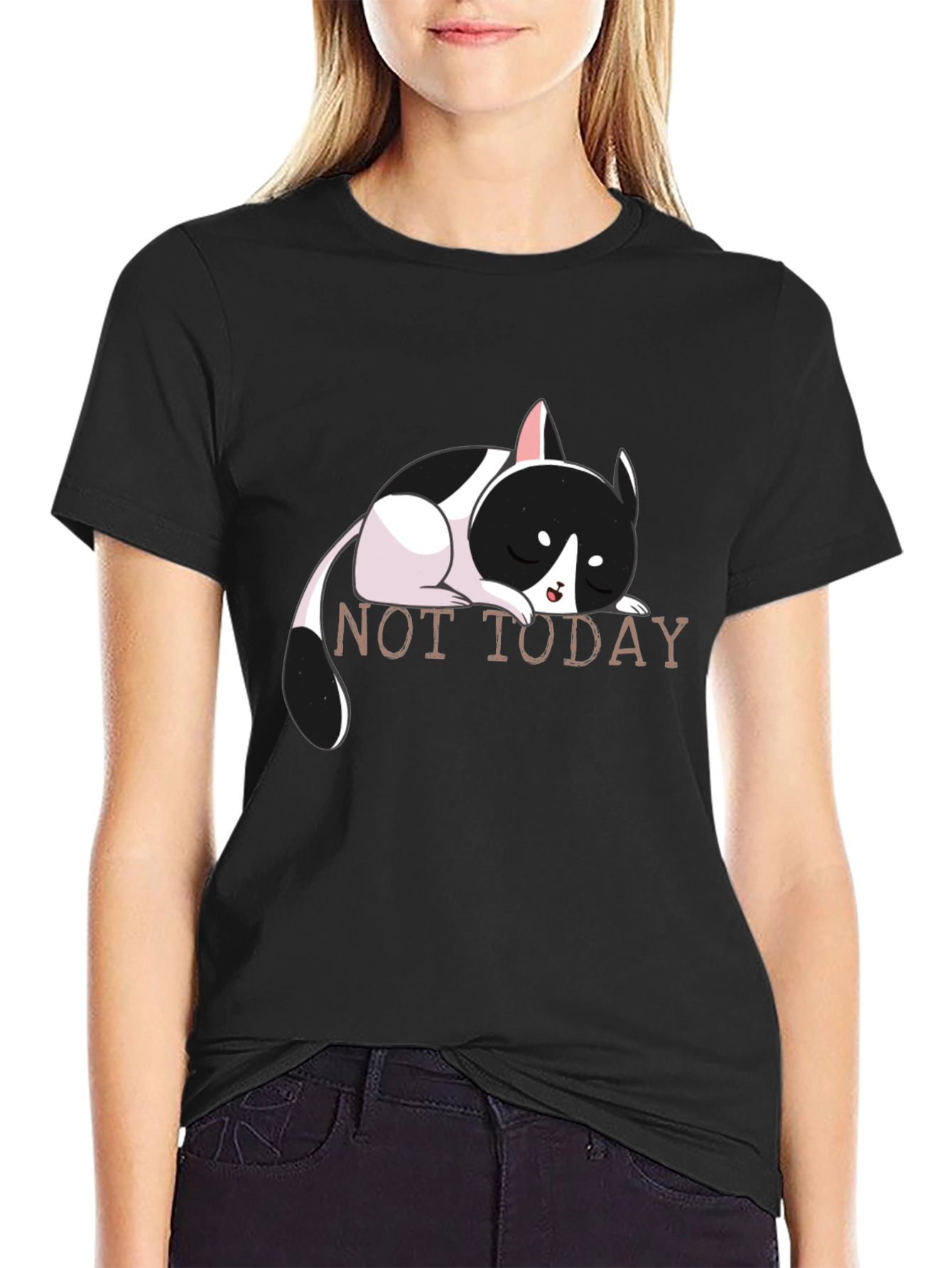 Not Today Cat Graphic Tee - Black Cotton T-Shirt