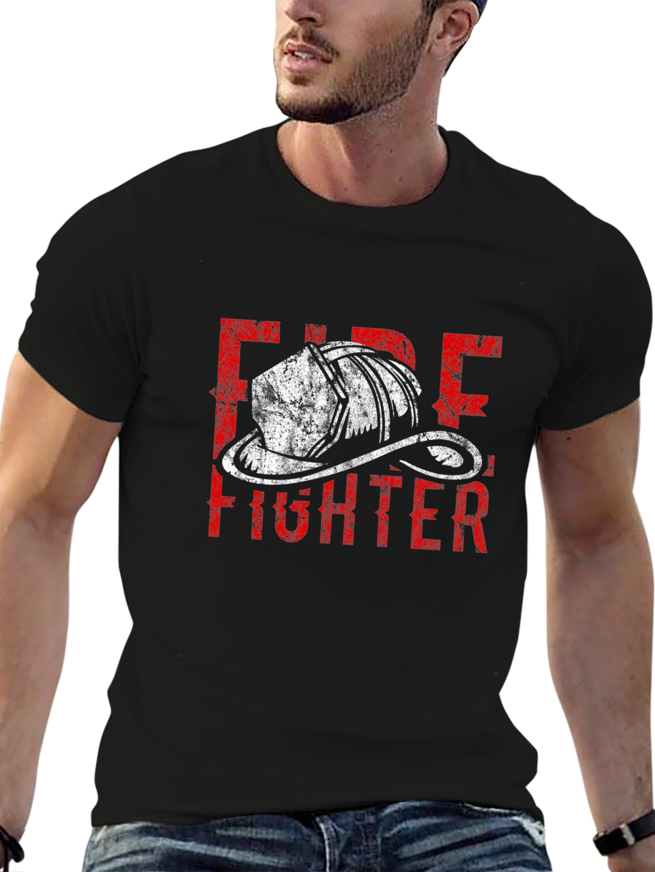 Firefighter Helmet Graphic Tee - Black Cotton