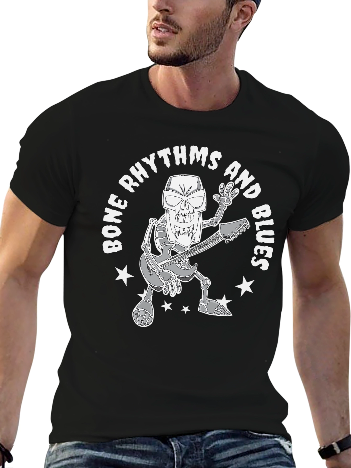 Bone Rhythms & Blues Skeleton Guitarist Graphic T-Shirt