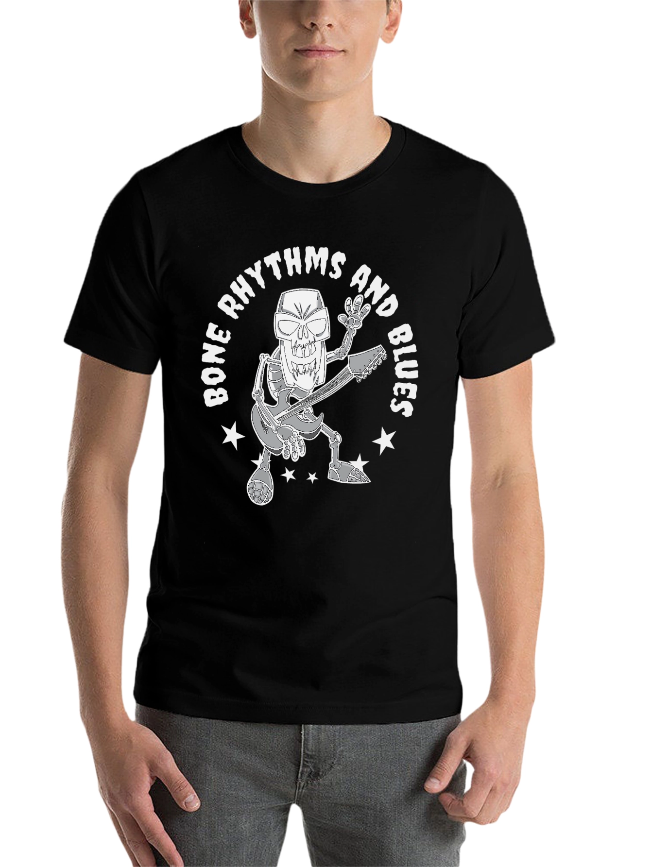 Bone Rhythms & Blues Skeleton Guitarist Graphic T-Shirt