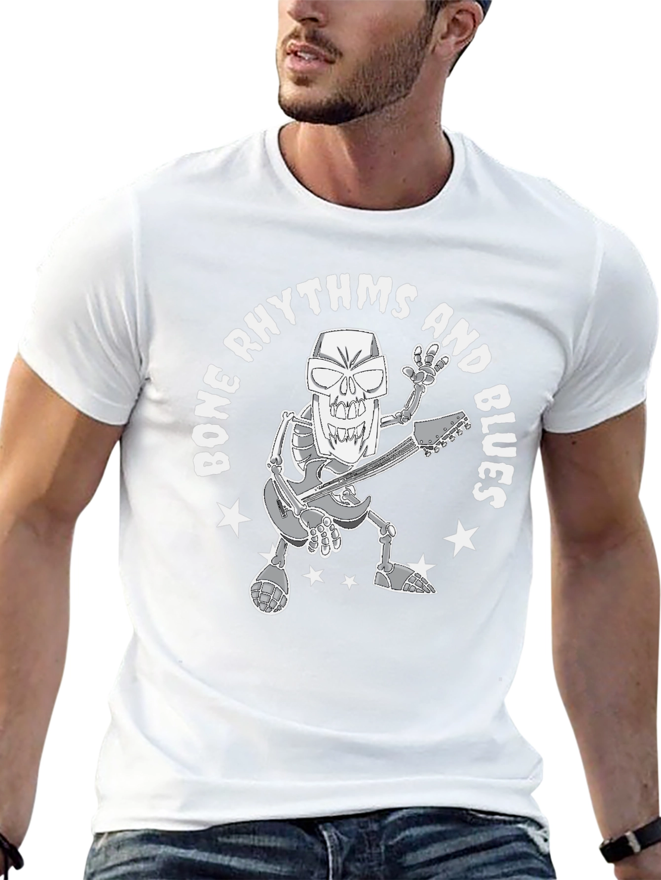 Bone Rhythms & Blues Skeleton Guitarist Graphic T-Shirt