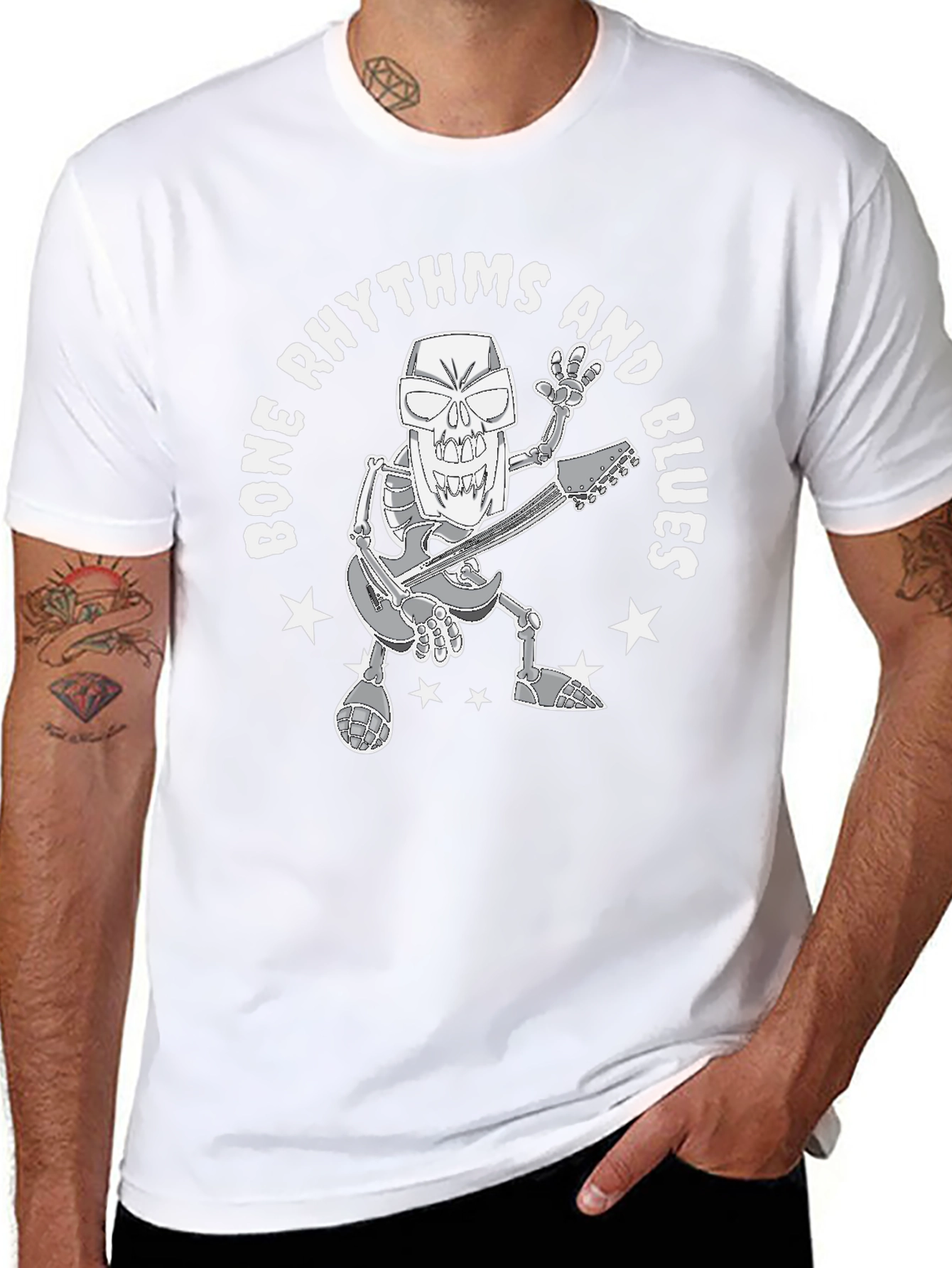 Bone Rhythms & Blues Skeleton Guitarist Graphic T-Shirt