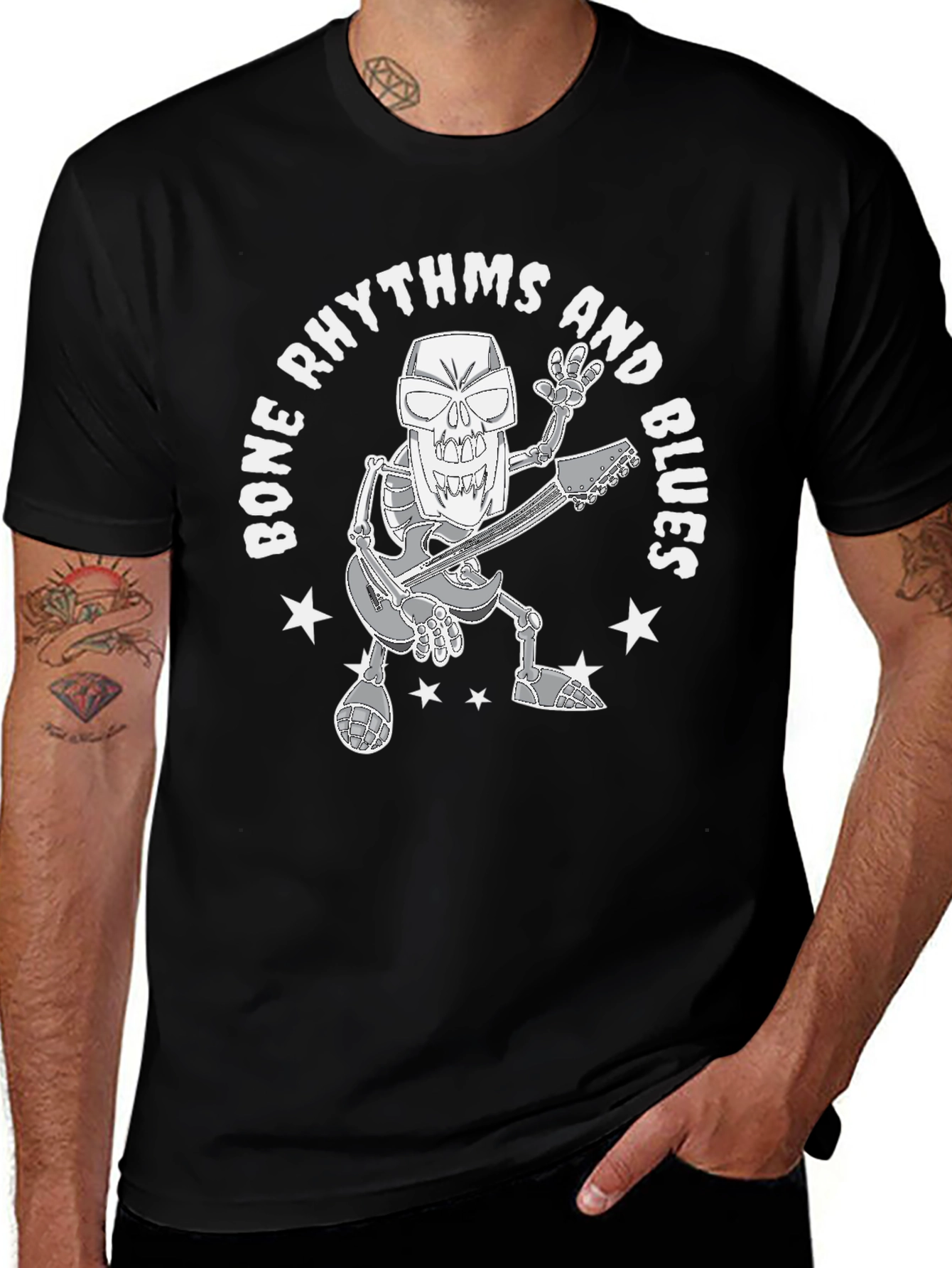 Bone Rhythms & Blues Skeleton Guitarist Graphic T-Shirt