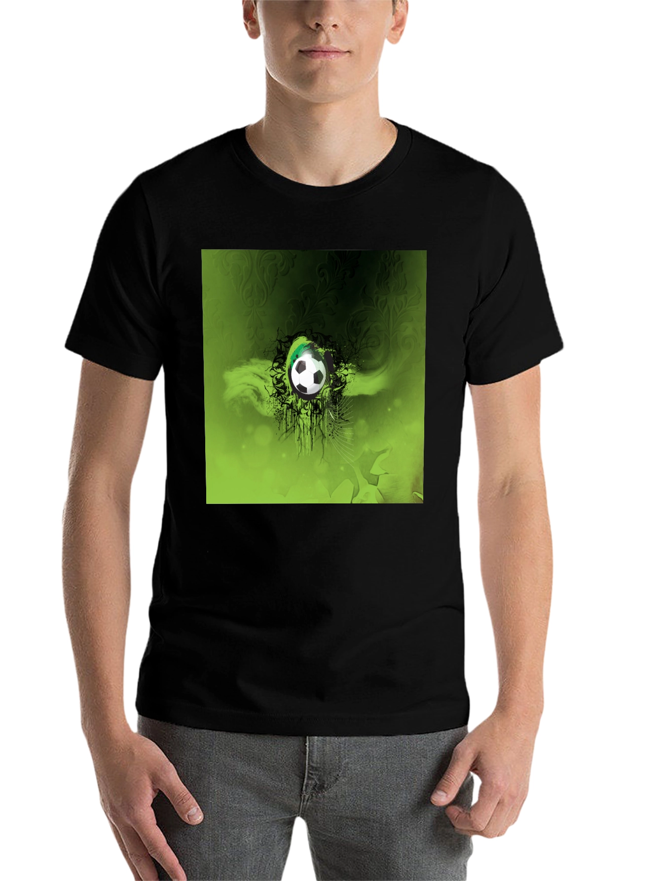Green Soccer Ball Graphic Black T-Shirt