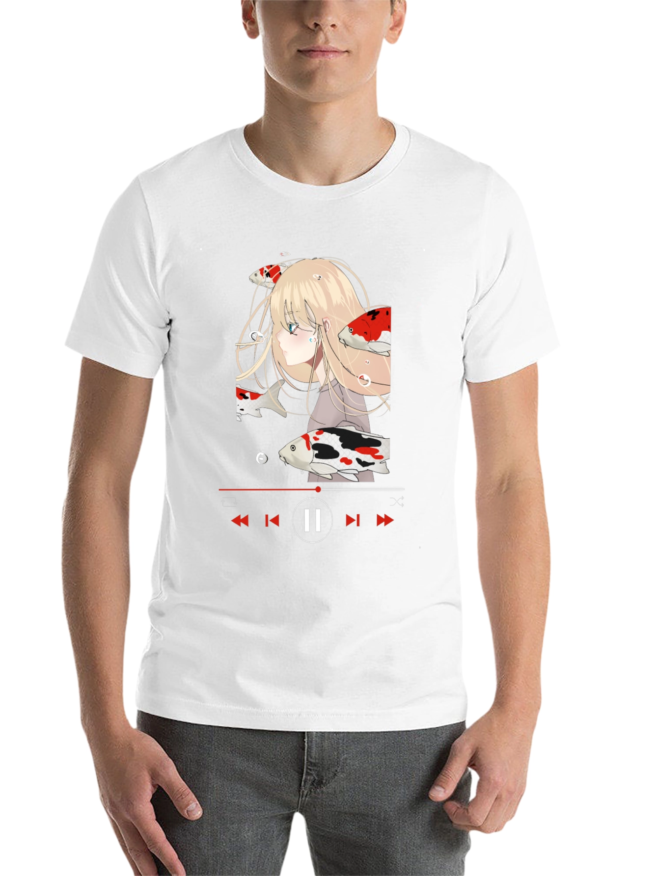 Anime Girl Koi Fish Music Player Black T-Shirt
