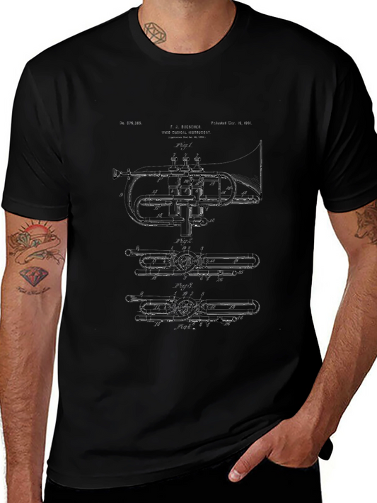 Black Trumpet Blueprint Graphic T-Shirt