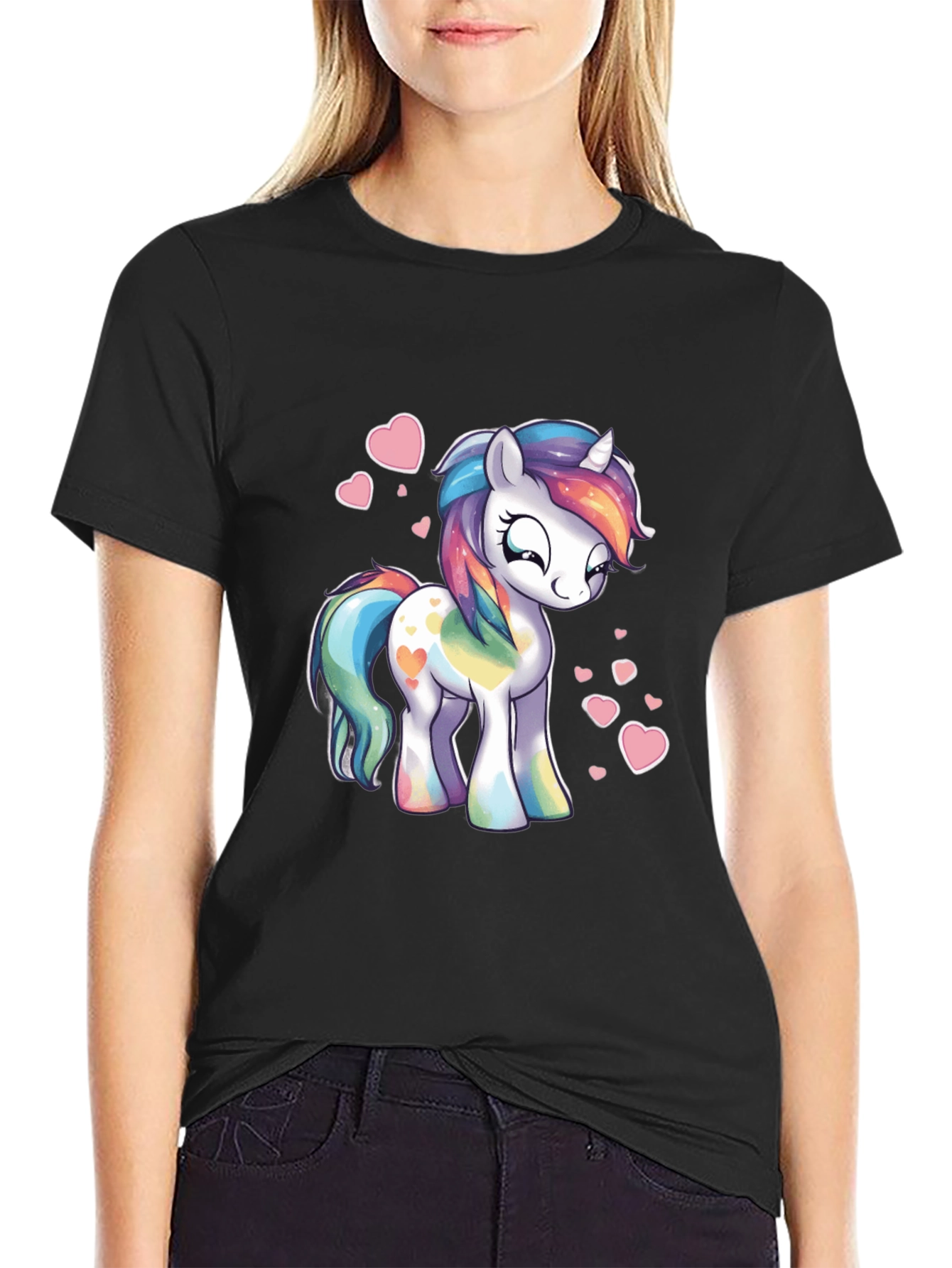 Rainbow Unicorn Heart Graphic Black T-Shirt
