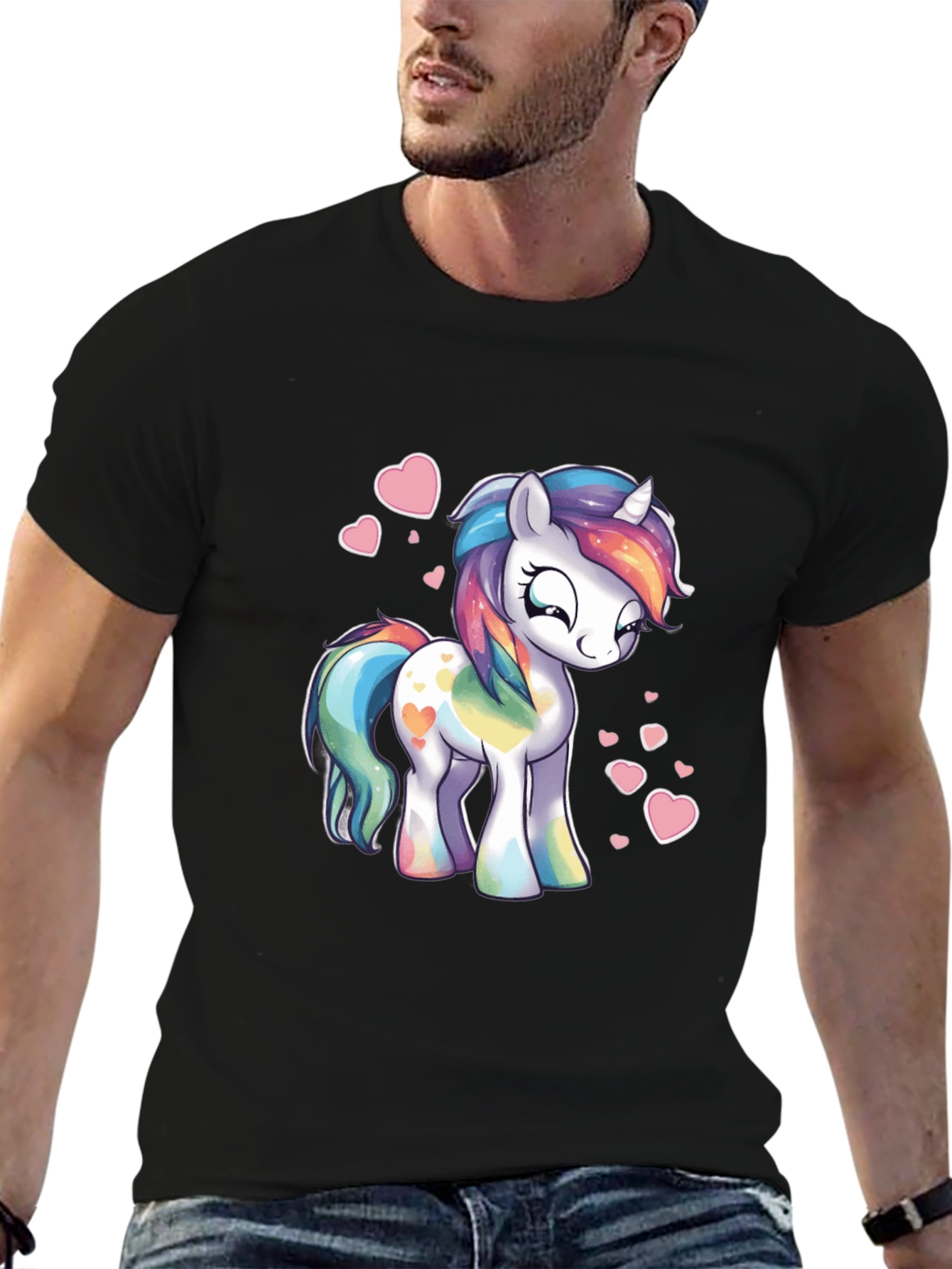 Rainbow Unicorn Heart Graphic Black T-Shirt