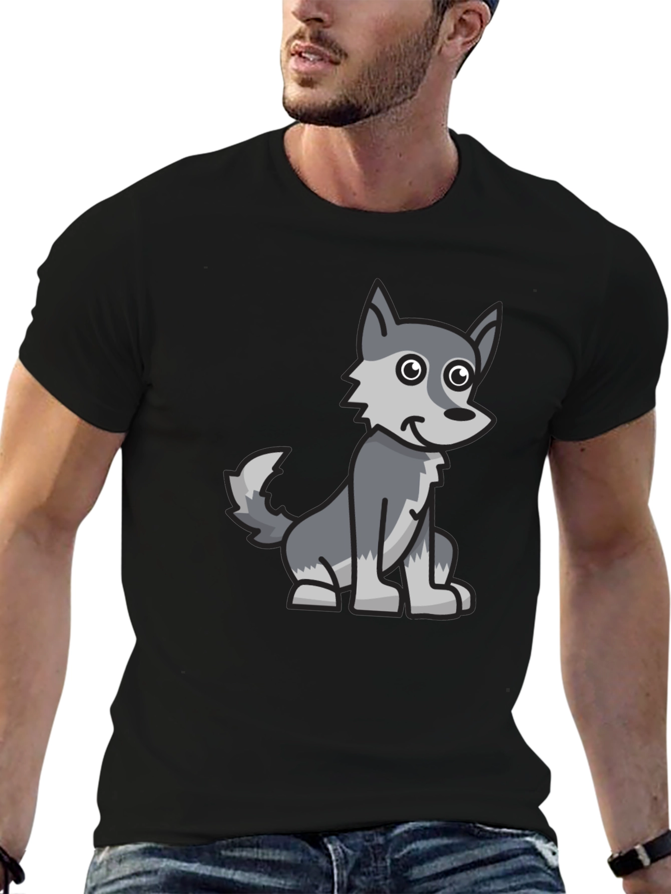 Cartoon Wolf Graphic Tee - Black Cotton Blend T-Shirt