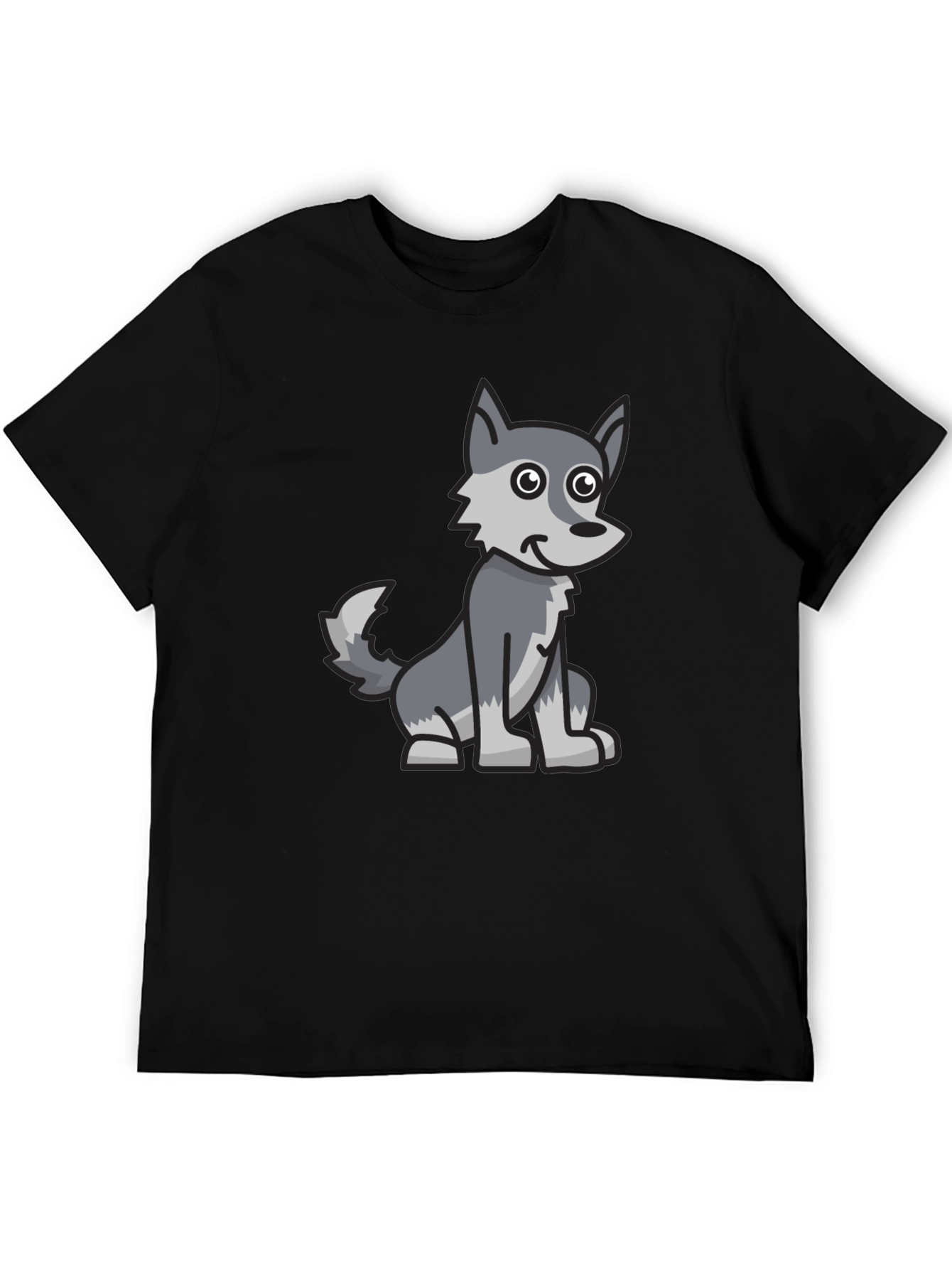 Cartoon Wolf Graphic Tee - Black Cotton Blend T-Shirt