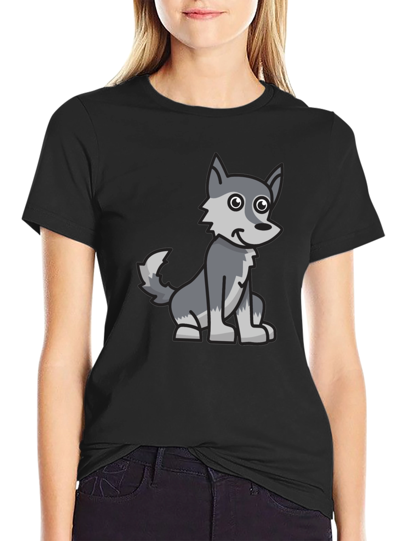 Cartoon Wolf Graphic Tee - Black Cotton Blend T-Shirt