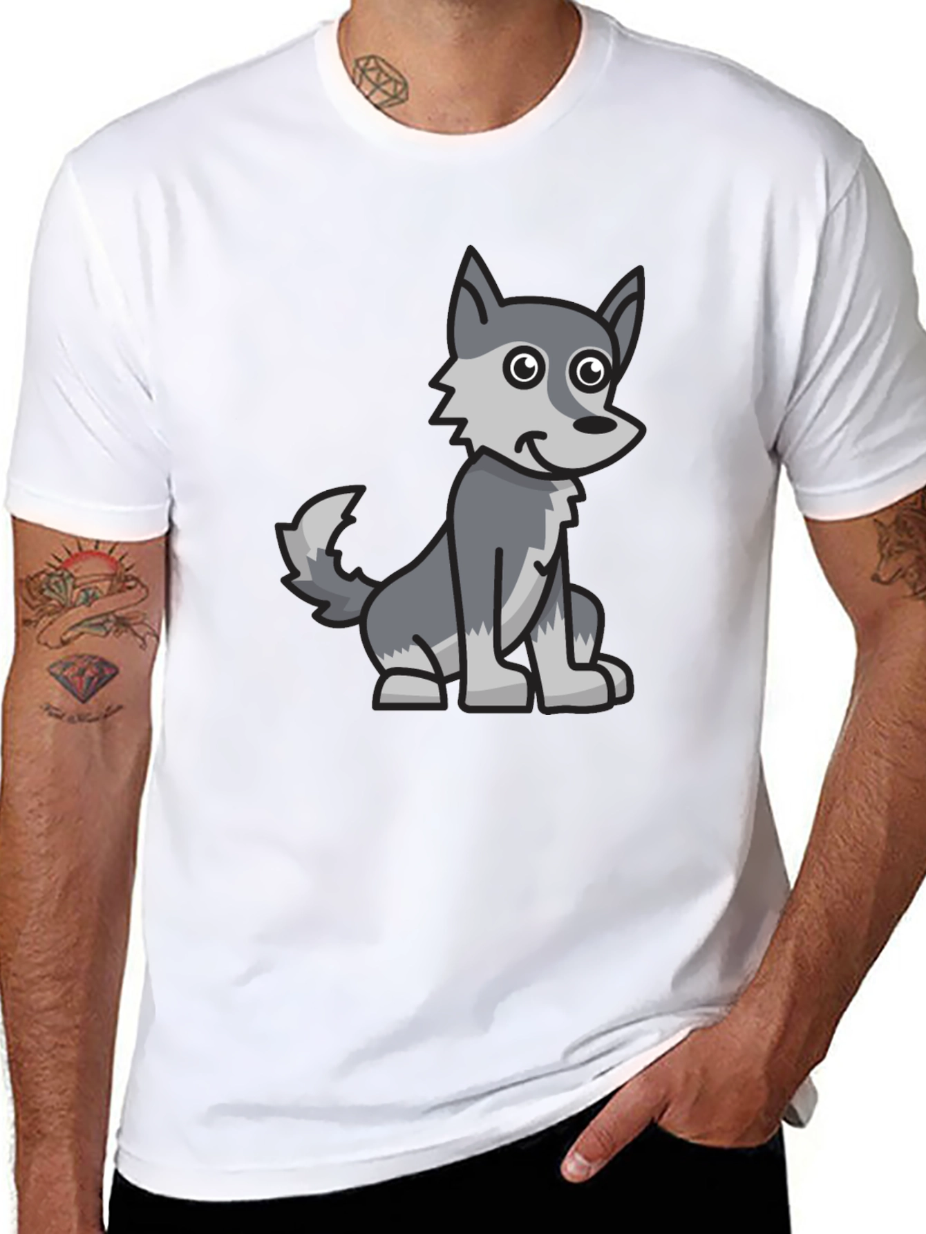 Cartoon Wolf Graphic Tee - Black Cotton Blend T-Shirt