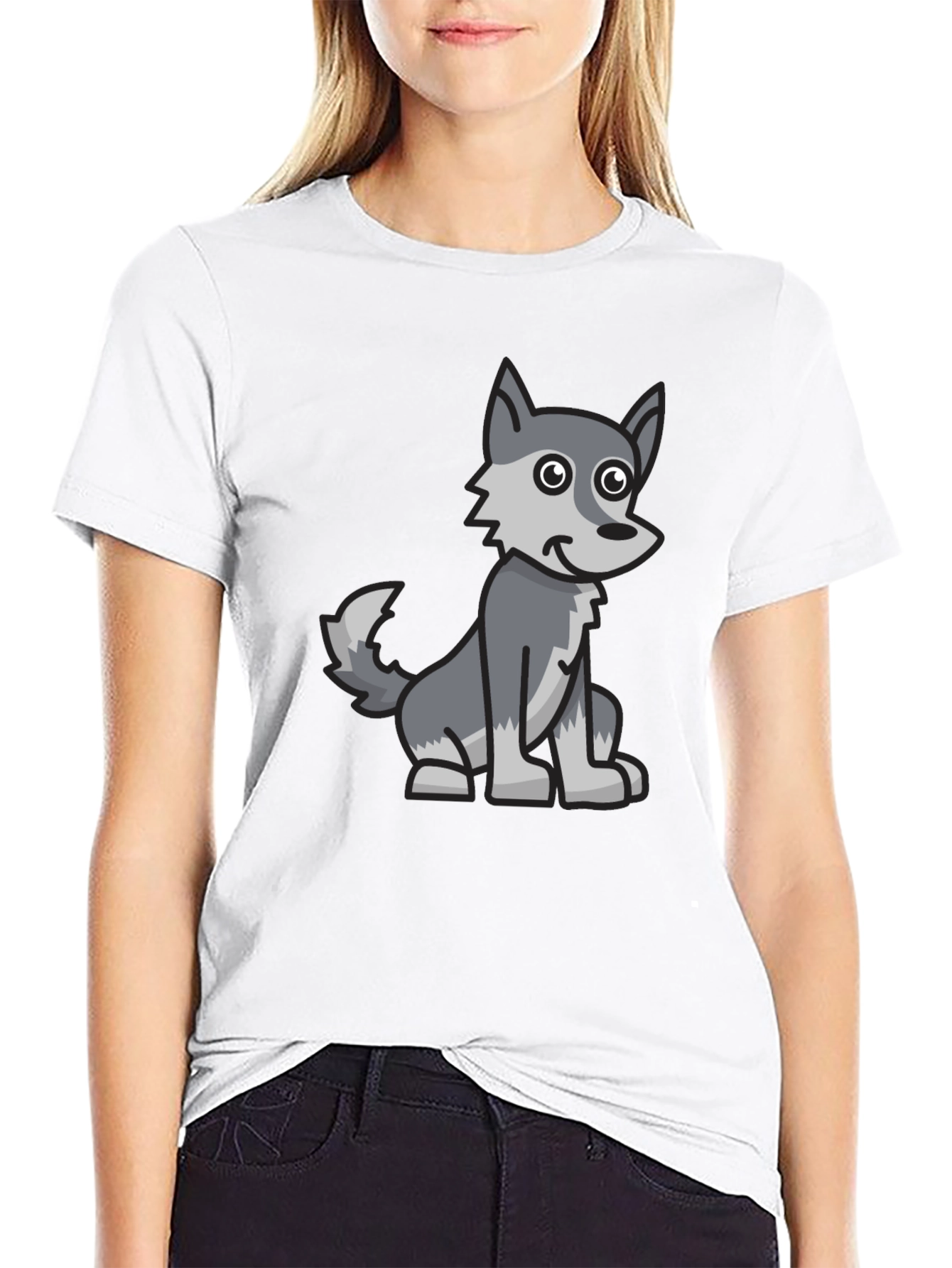 Cartoon Wolf Graphic Tee - Black Cotton Blend T-Shirt
